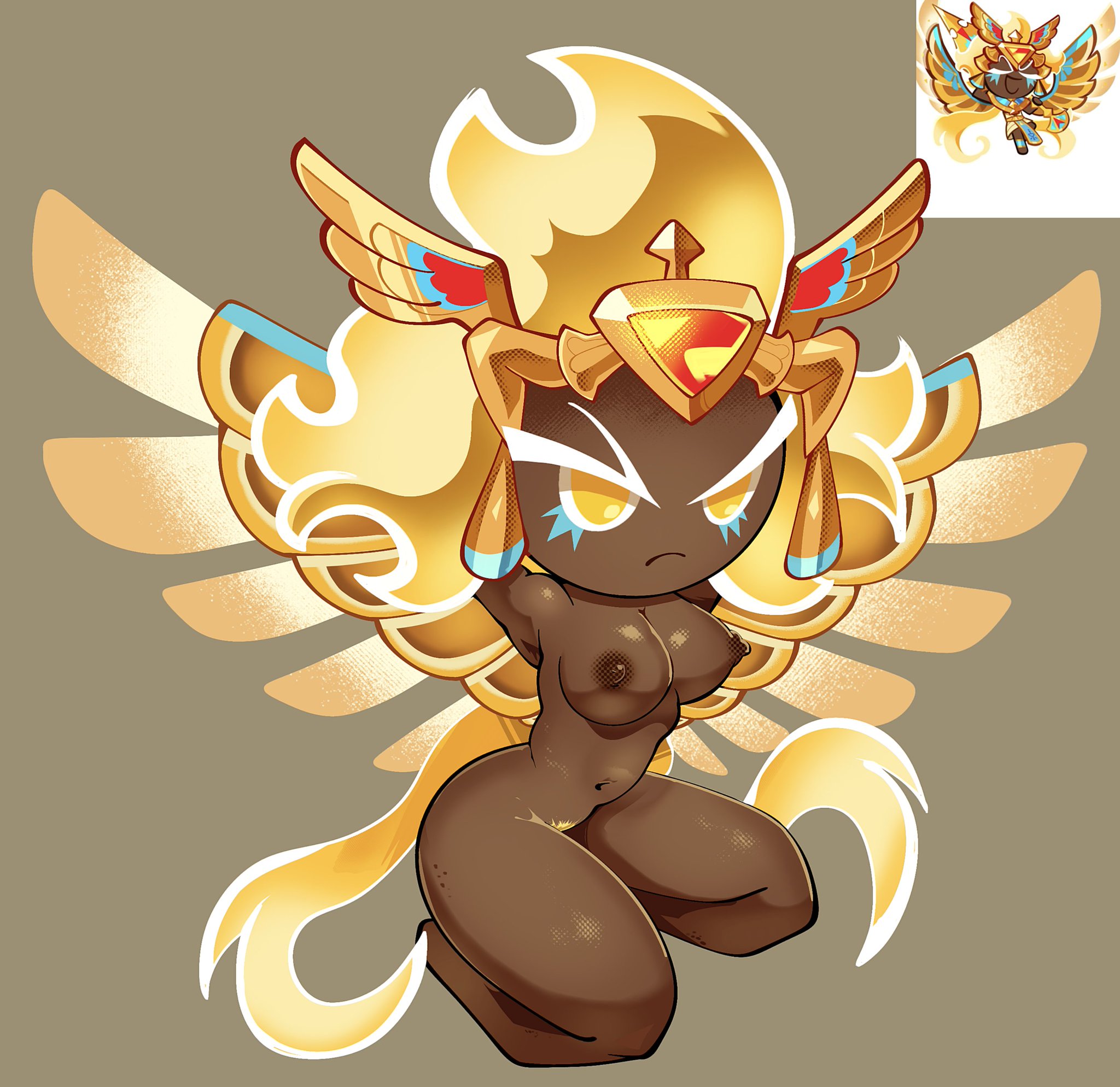 accurate art style, artist request, awakened golden cheese cookie, blonde hair, breasts, brown body, cookie run, cookie run kingdom, crown, dark skin, dark-skinned female, female, frown, golden cheese cookie, golden eyes, golden hair, hands behind back, headpiece, naked, naked female, nude, nude female, pubic hair, pussy, reference image, simple background, solo, tagme, wings, yellow eyes