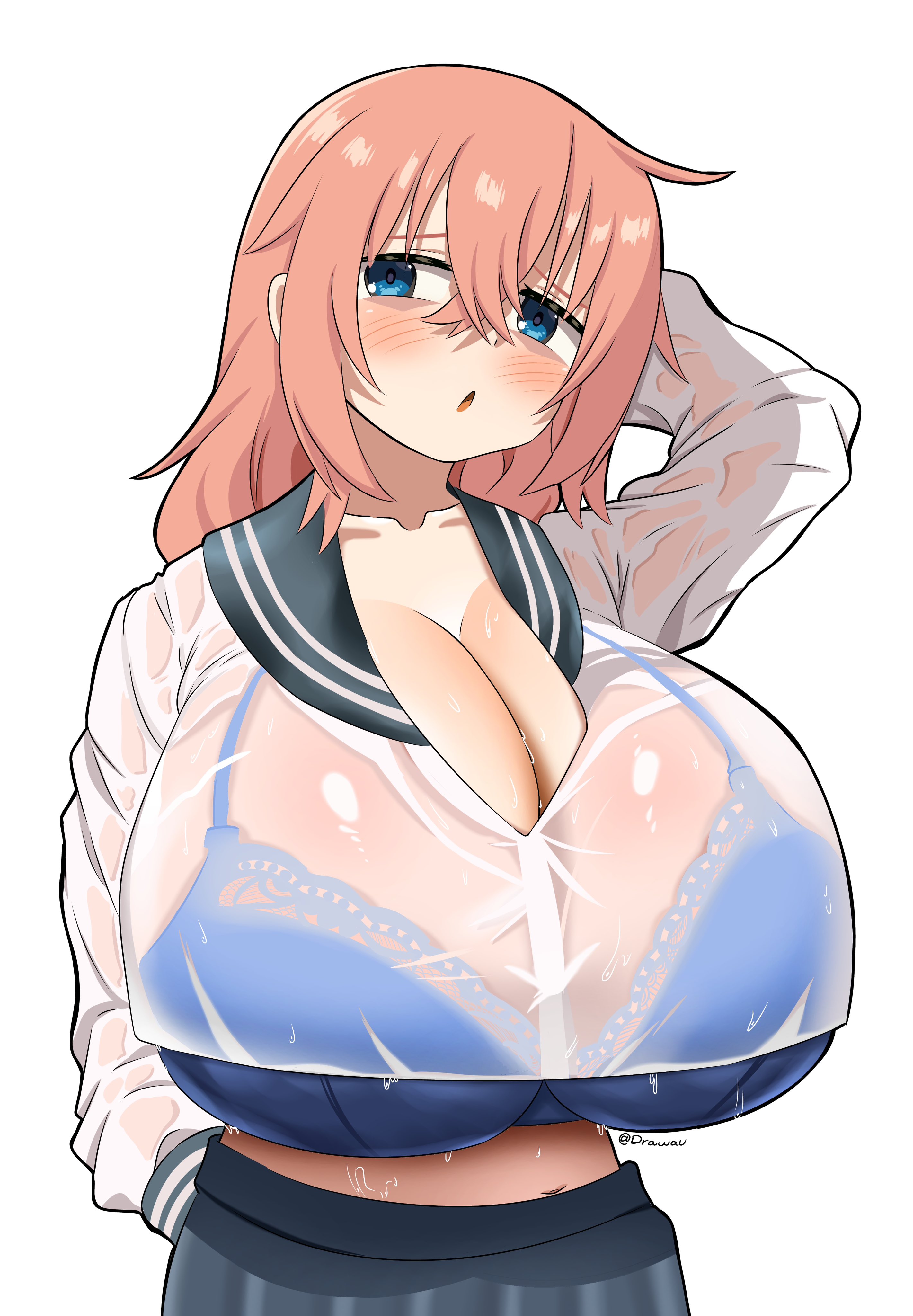 1girl, adjusting hair, arm behind head, arm up, bags under eyes, blue bra, blue eyes, blue skirt, blush, bra, bra visible through clothes, breasts, chestnut mouth, cleavage, crop top, crossed bangs, drawau, exposed bra, gigantic breasts, hair between eyes, huge breasts, lace-trimmed bra, large breasts, light skin, light-skinned female, long hair, massive breasts, messy hair, michinoku komaro, midriff, open mouth, ornate bra, peach hair, pink hair, sailor collar, school uniform, see-through, see-through clothes, see-through clothing, see-through shirt, seitokai ni mo ana wa aru!, shirt, shirt overhang, skirt, small but busty, solo, standing, twitter username, underboob, underwear, wet, wet clothes, wet shirt, white background, white shirt
