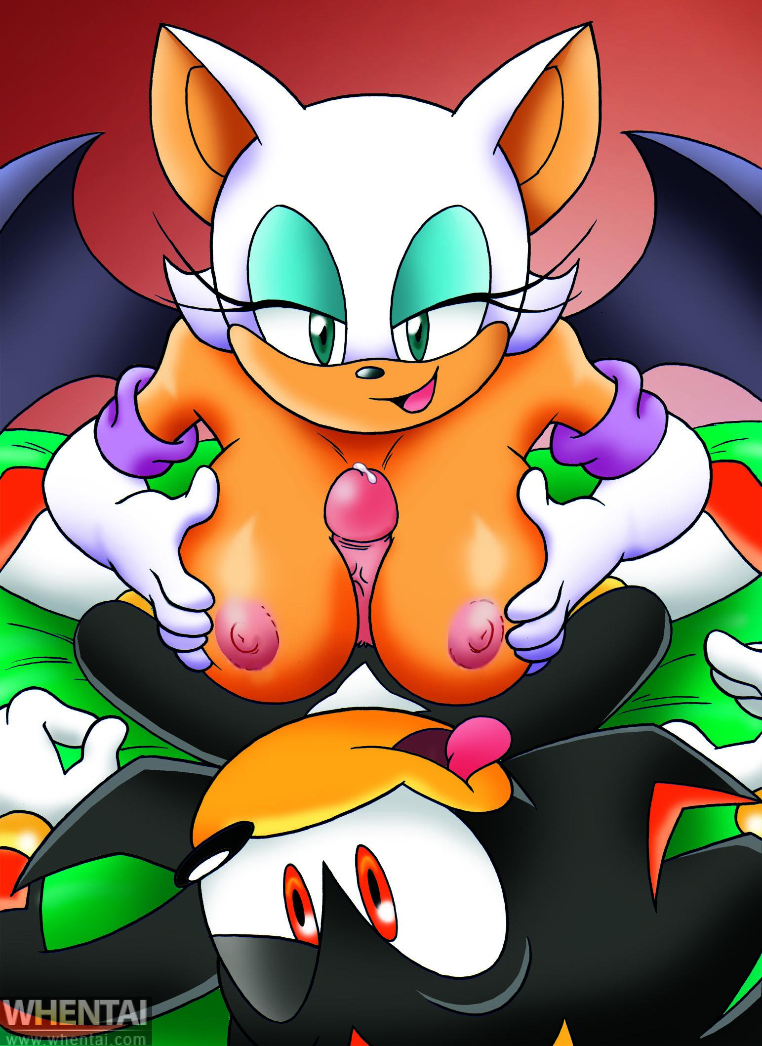 1boy 1girls bat big_breasts breasts elbow_gloves female furry gloves green_eyes hedgehog holding_breasts male nipples no_humans nosferatuzod paizuri penis precum red_eyes rouge_the_bat shadow_the_hedgehog smile sonic_(series) straight wings