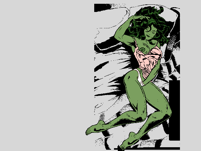 1girls avengers bed big_breasts breasts drawn female female_only green_hair green_skin hand_in_panties hulk_(series) marvel marvel_comics masturbating masturbation nightwear nipples nomad_(artist) panties she-hulk solo