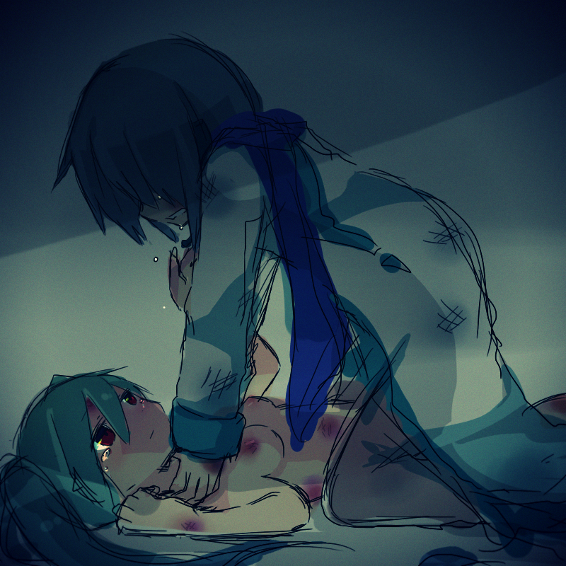 asphyxiation beige_skin blue_hair breasts bruises clenched_teeth closed_mouth color crying dark female green_hair hatsune_miku imminent_rape kaito kneeling long_hair male nipples nude on_back red_eyes scarf short_hair simple_background small_breasts straight strangling tears twintails vocaloid white_background