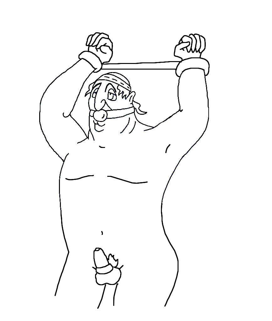 1boy arms_up ball_gag balls blackrose bondage cock_ring disney gag gagged hercules_(disney) line_art male male_only monochrome morpheus penis plump sketch testicles