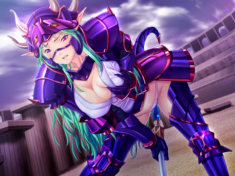 armor breasts bubuzuke clenched_teeth clothing fake_tail female game_cg green_hair hekigan_no_soukishi_ferrill_to_ririka holding_weapon long_hair panties pink_panties pointy_ears purple_eyes seraphina_afan_aruvuheimu solo tail weapon