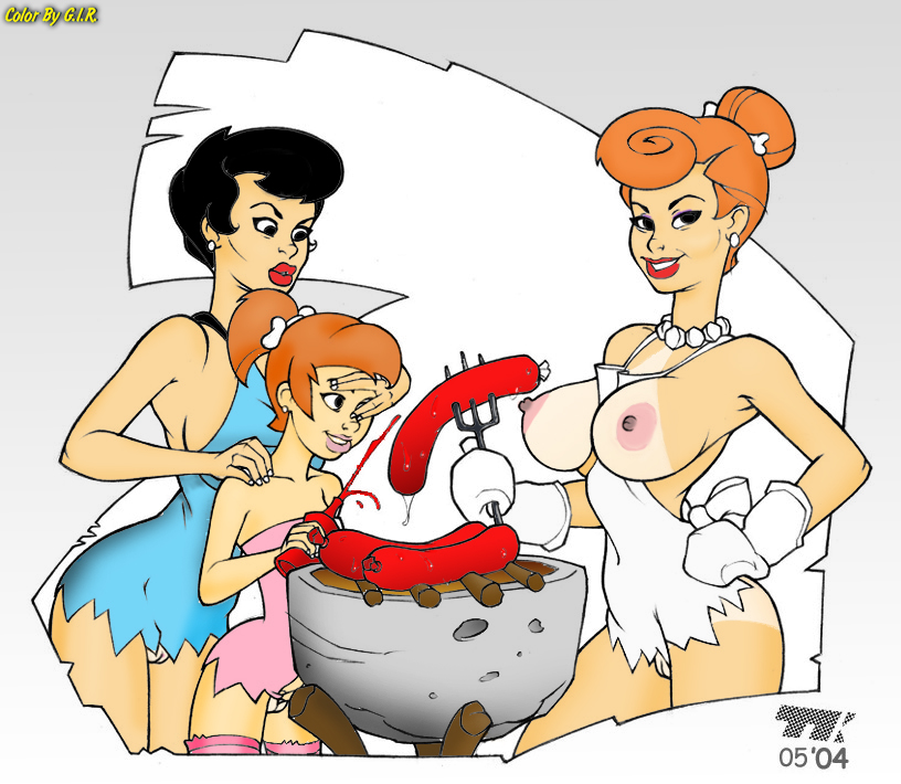 2004 3girls barbecue betty_rubble black_hair female female_only hanna-barbera human milf multiple_females multiple_girls nipples pebbles_flintstone red_hair sausage smile the_flintstones topless turk128 wilma_flintstone