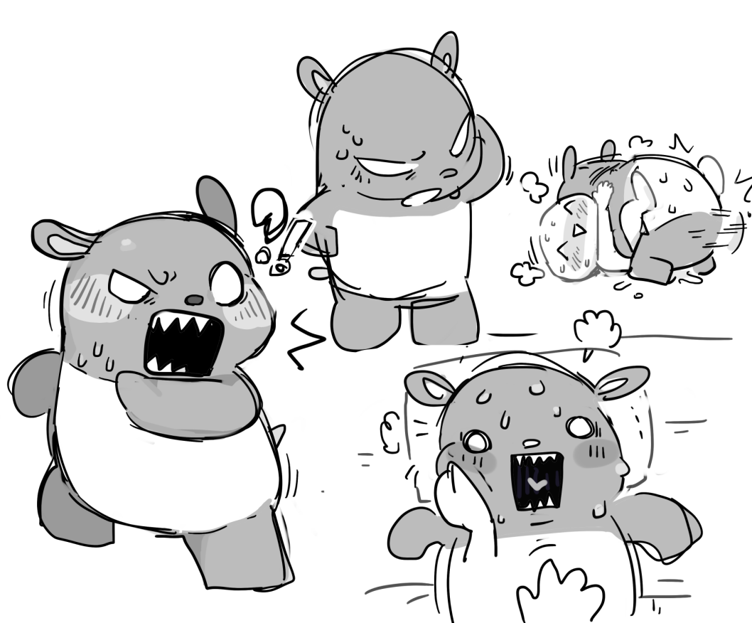 anon anonymous_artist anthro baku_(sanrio) blush duo exclamation_point heart_symbol human human_on_anthro interspecies male male/male mammal monochrome onegai_my_melody pillow question_mark sanrio sex simple_background tapir white_background