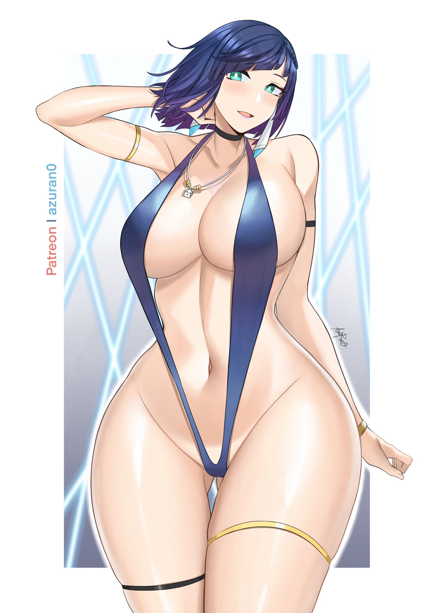 aori sora, azuran0, big breasts, blue hair, breasts, female, female only, genshin impact, necklace, one piece swimsuit, thick thighs, yelan (genshin impact)