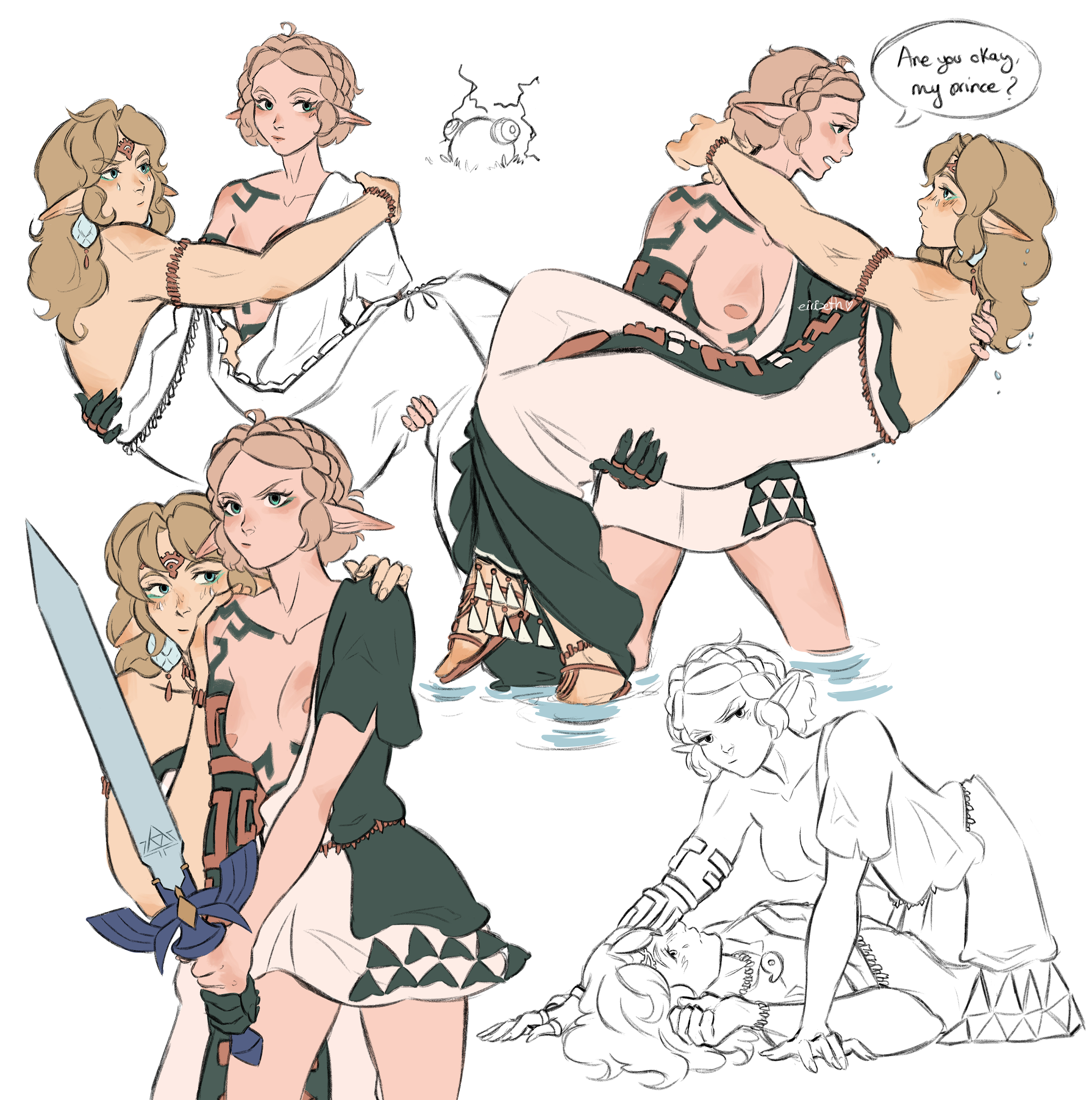 1boy, 1girls, archaic legwear, archaic tunic, blonde hair, blush, breasts, cute male, dialogue, dress, eiriseth, exposed breasts, female, femboy, femboy with female, femdom, gentle femdom, light skin, light-skinned female, link, link (tears of the kingdom), male, master sword, nintendo, outfit swap, pointy ears, pretty boy, princess zelda, role reversal, short hair, sword, tears of the kingdom, text, the legend of zelda, wholesome, zelda (tears of the kingdom)