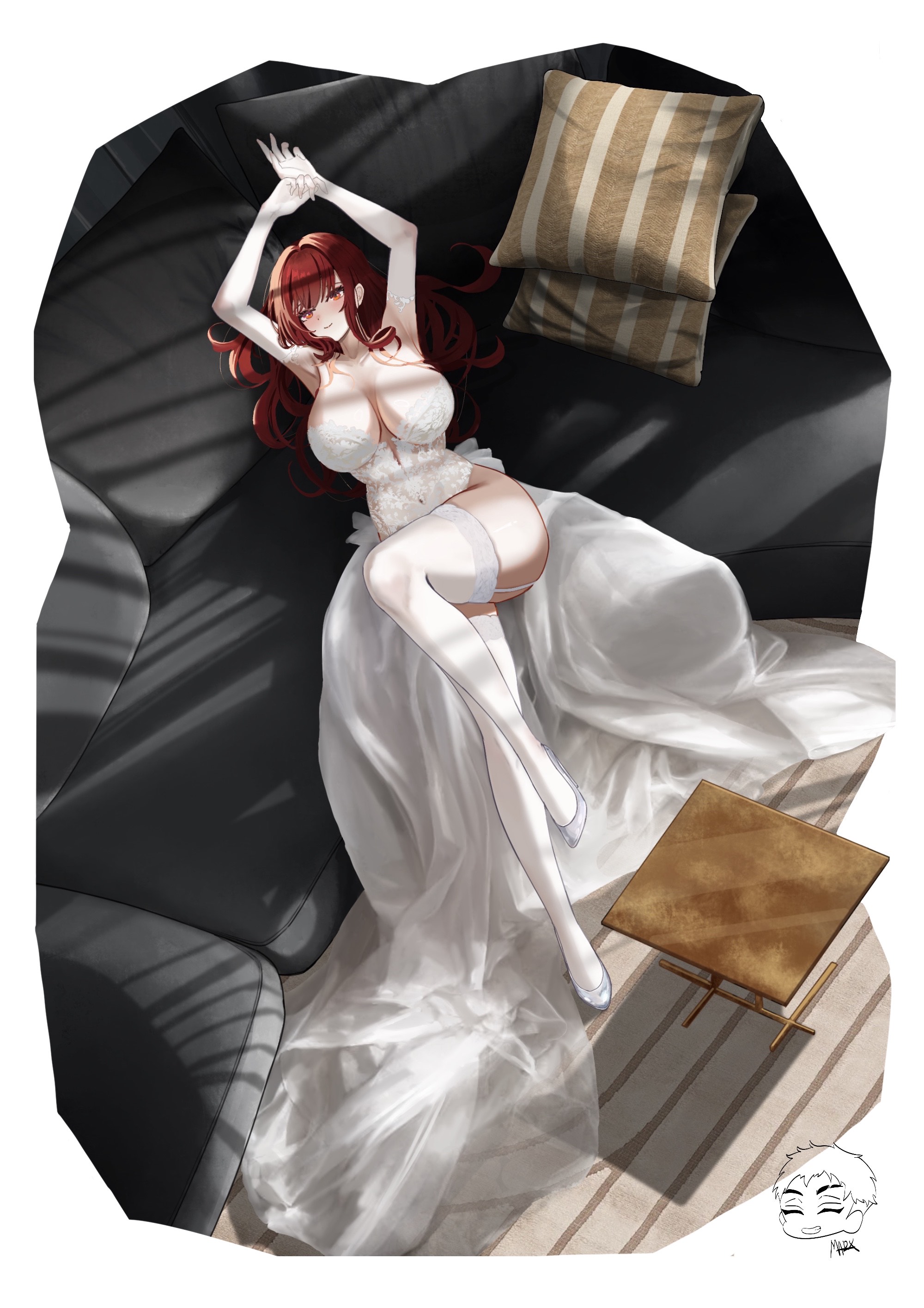 1girls, armpits, arms above head, blush, breasts, cleavage, couch, danny marx, female, female only, gloves, goddess of victory: nikke, heels, highres, light skin, light-skinned female, long hair, looking at viewer, lying on back, rapi (nikke), rapi (red hood) (nikke), red eyes, red hair, smile, smiling at viewer, thighhighs, thighs, wedding dress, white dress
