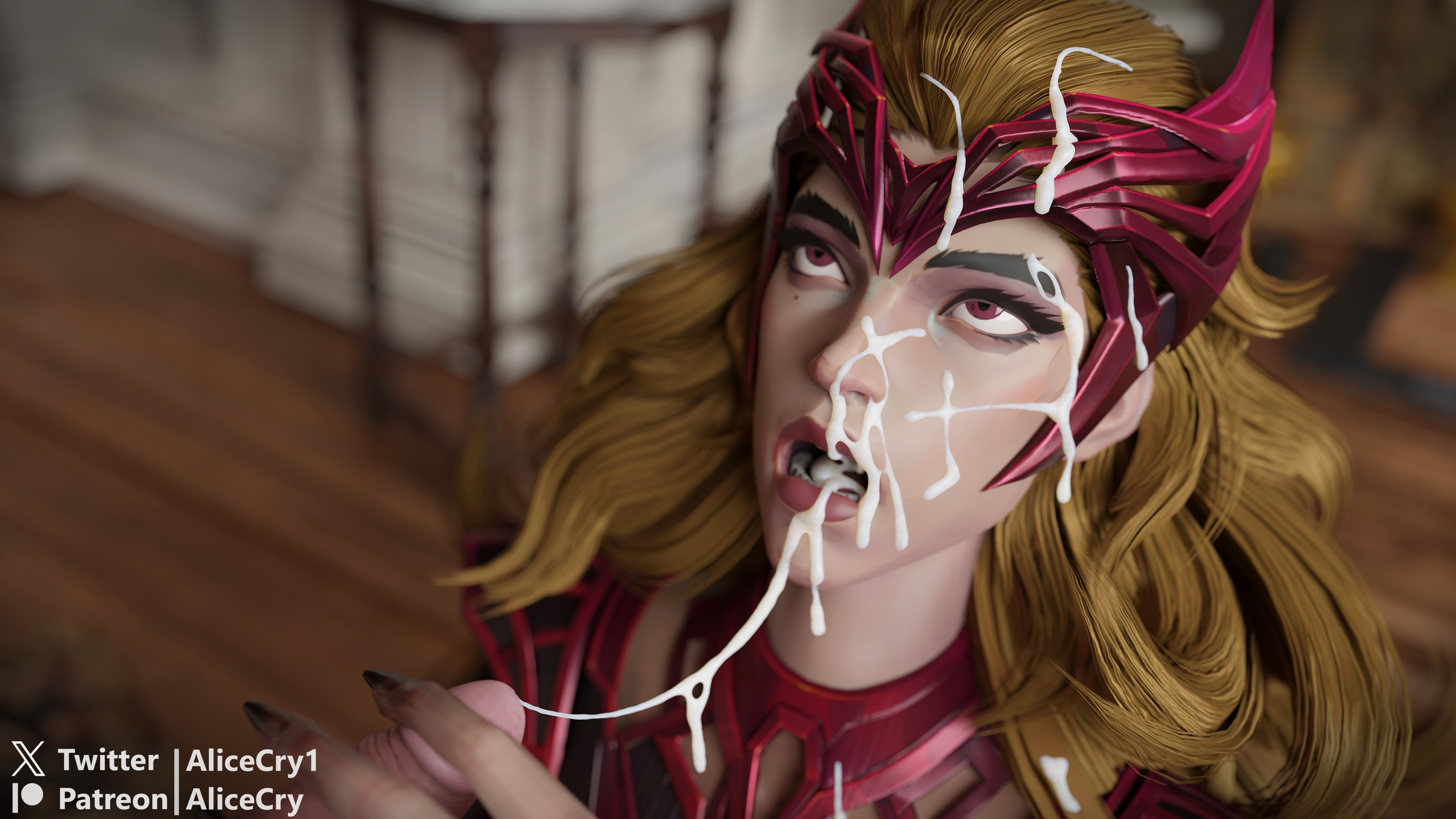 1girls, 3d, after fellatio, alicecry, brown hair, cum in mouth, cum on face, cum on hair, cum on lips, cum string, facial, female, female focus, light skin, looking at partner, looking up, looking up at partner, marvel, marvel comics, marvel rivals, open mouth, red eyes, scarlet witch, scarlet witch (marvel rivals), scarlet witch (multiverse of madness), tagme, wanda maximoff