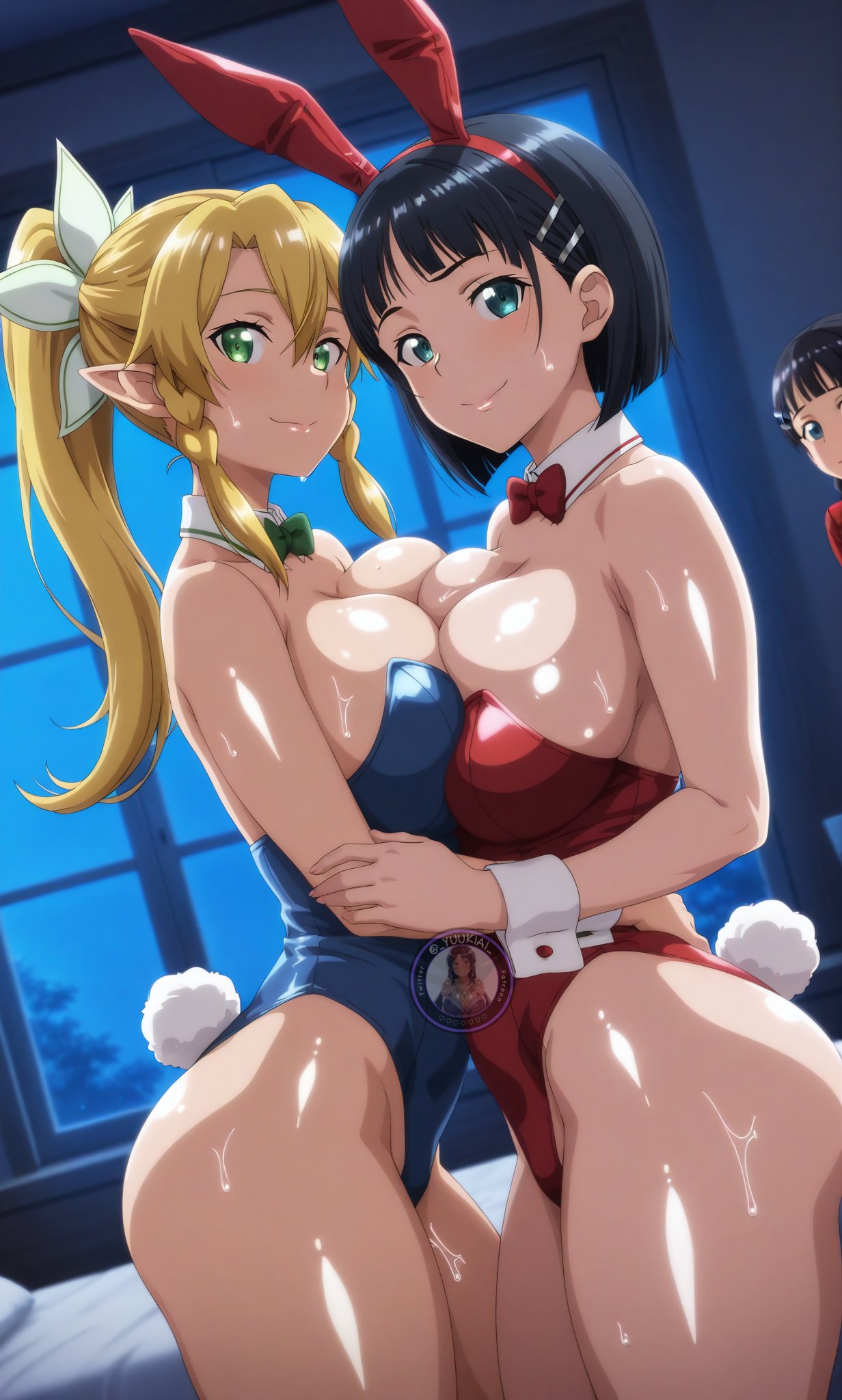 2girls, ai generated, alfheim online, black hair, blonde hair, breasts, bunny ears, bunnysuit, female, female only, kirigaya suguha, large breasts, leafa, light skin, light-skinned female, looking at viewer, shiny skin, sword art online, thick thighs, thighs, wet, wide hips, yuukiai