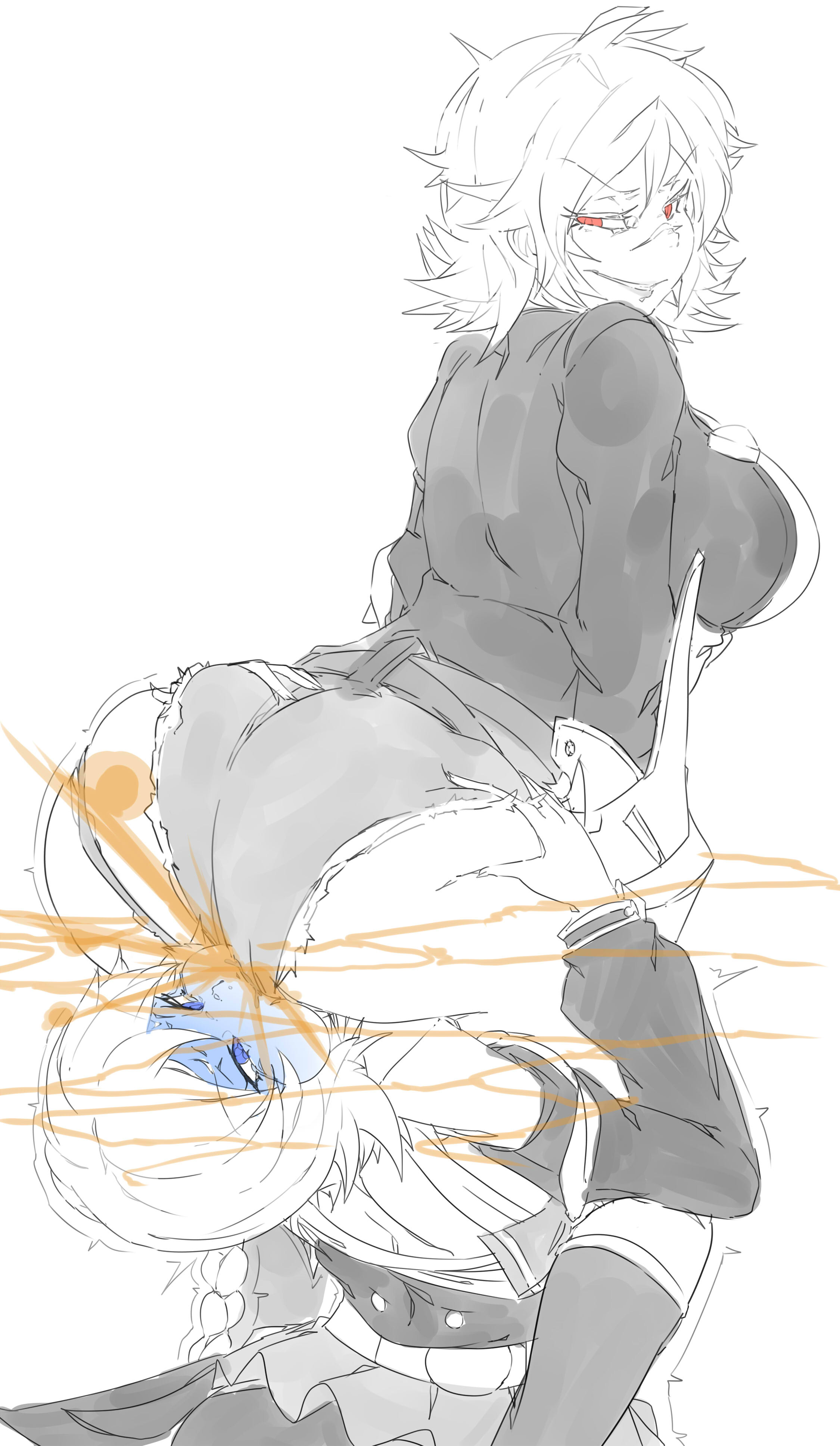2girls, ass, ass grab, ass on face, big ass, big butt, blazblue, blue eyes, bullet (blazblue), denim, denim shorts, es (xblaze), facesitting, fart, fart cloud, fart fetish, fart torture, farting, farting in face, female, hotpants, jean shorts, lazei, looking back, rear view, red eyes, shoulder length hair, sketch, smile, uncolored, viewed from behind, xblaze, yuri