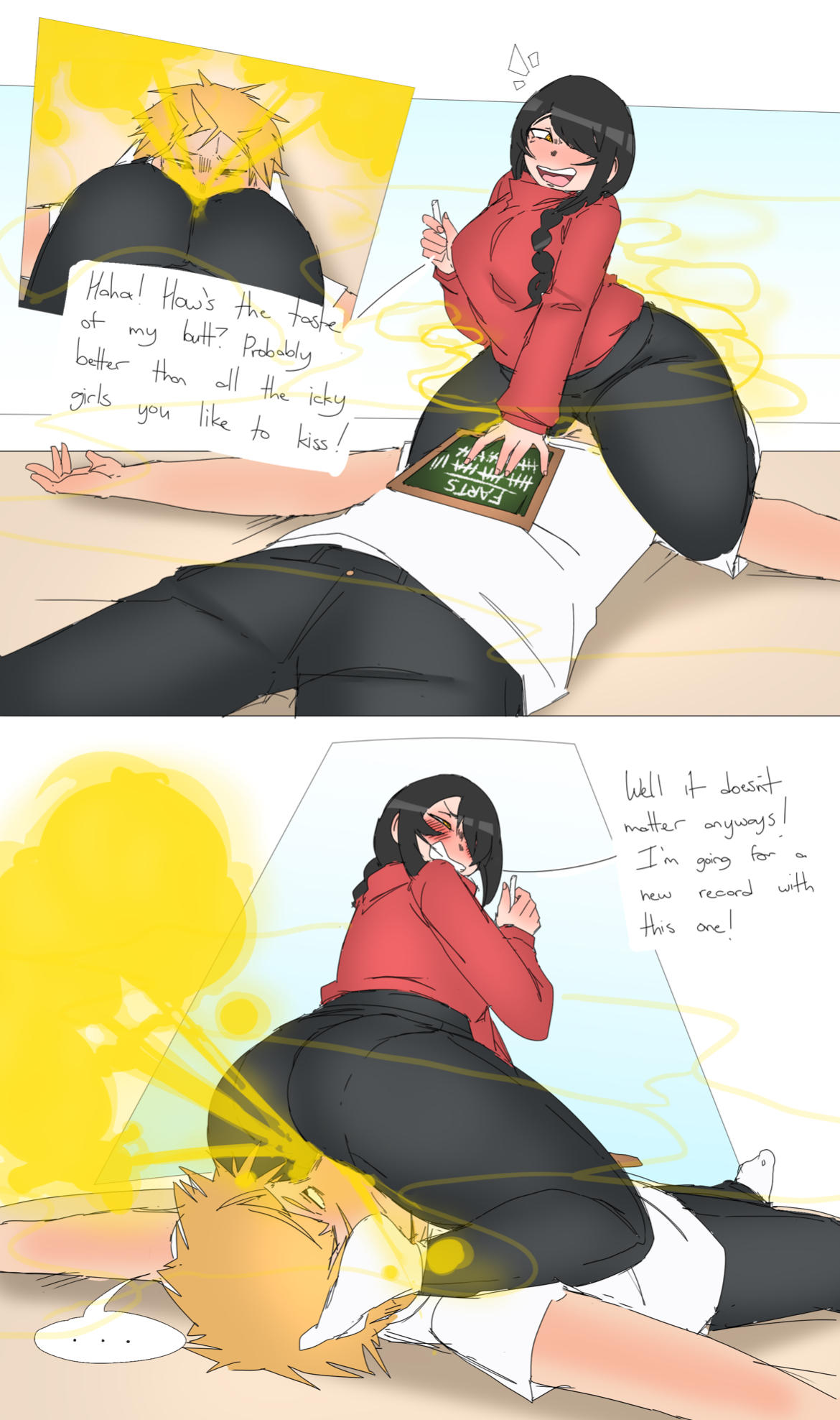 1girl, 1girls, chainsaw man, comic, denji (chainsaw man), dialogue, facesitting, fart, fart fetish, fart torture, female, lazei, nayuta (chainsaw man), stinky, teasing, text