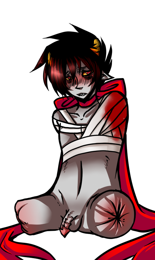 1boy amputee bandage blood blush bow grey_skin homestuck horns karkat_vantas ms_paint_adventures naked penis pointy_ears pride red_eyes red_hair sharp_teeth short_hair solo transparent_background troll weird_penis