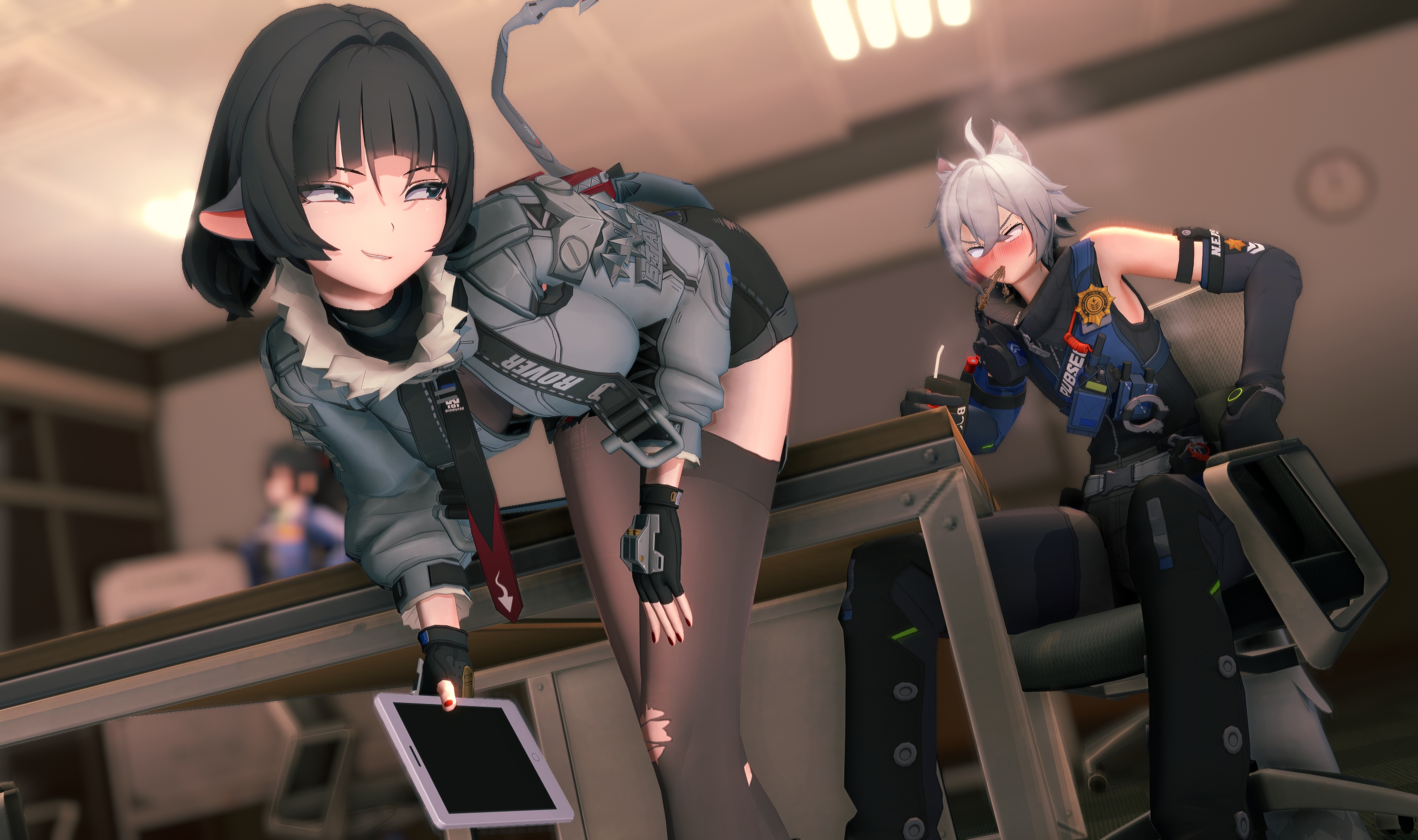 1boy, 1girls, 3d, blush, clothed, doridoriko, female, fox boy, fox ears, fox tail, jane doe (zenless zone zero), male, nervous, panties, provocative, rat ears, rat girl, rat tail, seth lowell, smile, zenless zone zero, zhu yuan