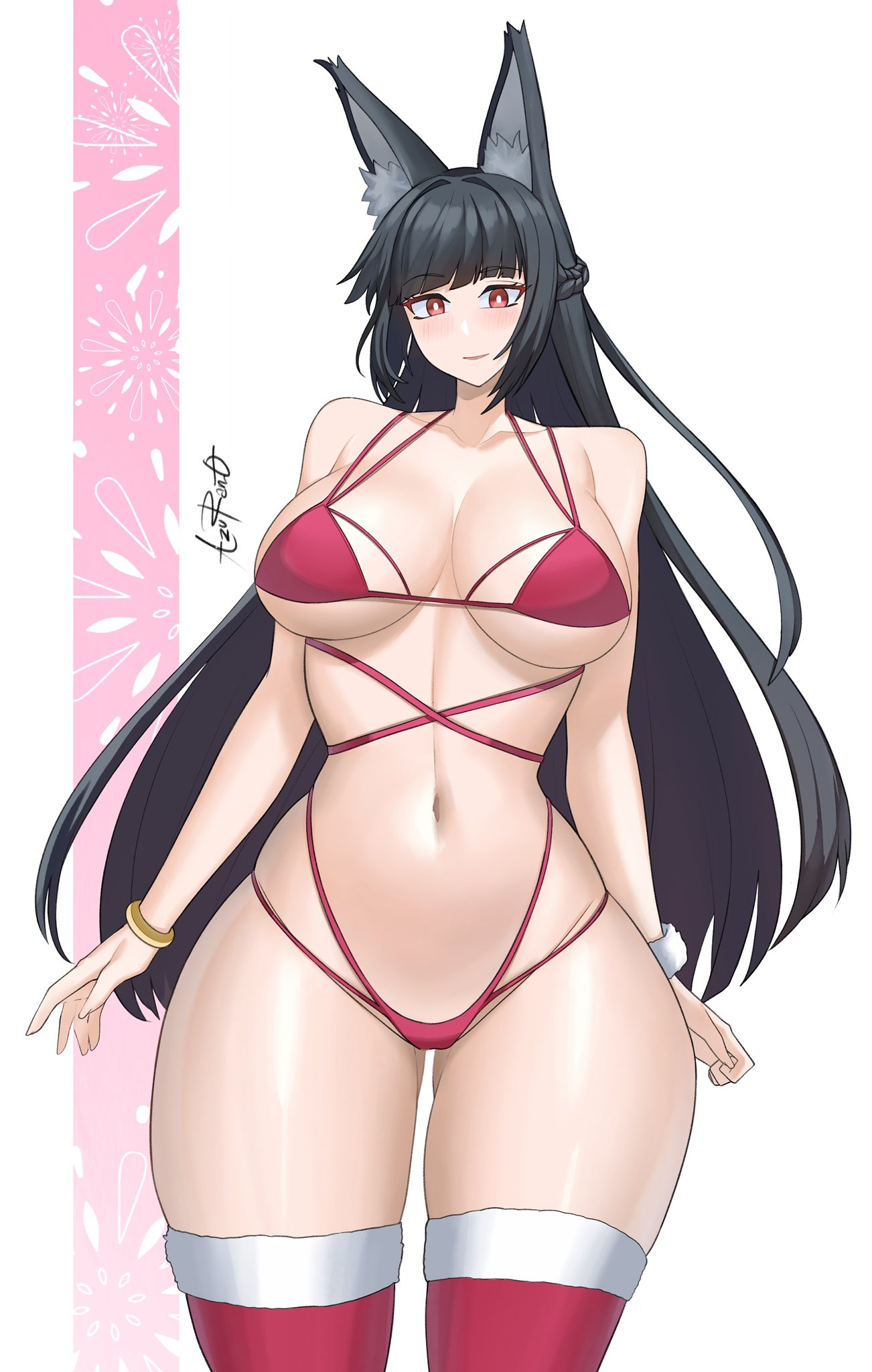 azuran0, big breasts, bikini, black hair, breasts, female, female only, fox ears, hollow special operations section 6, hoshimi miyabi, red bikini, shoulders, thick thighs, white background, zenless zone zero