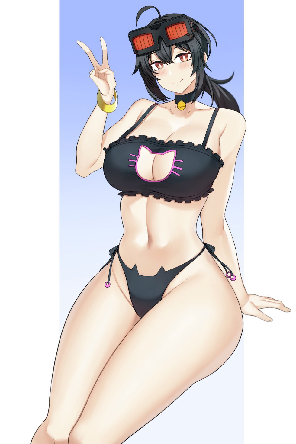 aori sora, azuran0, belobog heavy industries, bikini, bikini bottom, bikini top, black bikini, black hair, breasts, female, female only, grace howard, peace sign, shoulders, thighs, white background, zenless zone zero