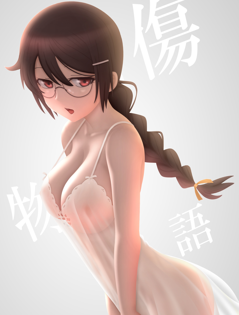 :o, bakemonogatari, bare arms, bare shoulders, black-framed eyewear, braid, breasts, brown hair, cleavage, copyright name, cowboy shot, female, female focus, glasses, grey background, hair ornament, hair ribbon, hairclip, hanekawa tsubasa, highres, large breasts, leaning forward, lingerie, long hair, looking at viewer, looking to the side, monogatari (series), negligee, no panties, open mouth, red eyes, ribbon, see-through clothes, semi-rimless eyewear, single braid, siraha, sleeveless, solo, spaghetti strap, standing, strap gap, under-rim eyewear, underwear, underwear only, upper body, yellow ribbon
