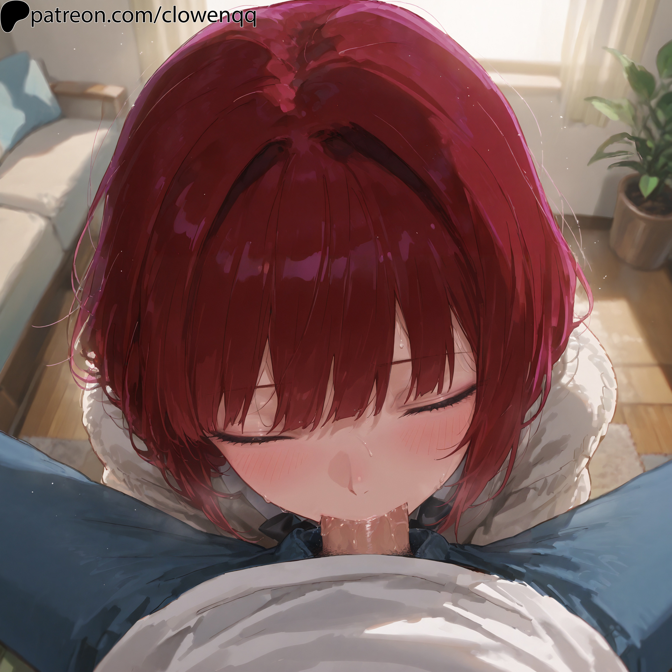 1boy, 1girls, ai generated, arima kana, bangs, blowjob, blush, closed eyes, clowenqq, fellatio, female, female focus, from above, male, male pov, male/female, oral, oral penetration, oral sex, oshi no ko, penis, penis in mouth, red hair, saliva, short hair, sucking, sucking penis, uncensored