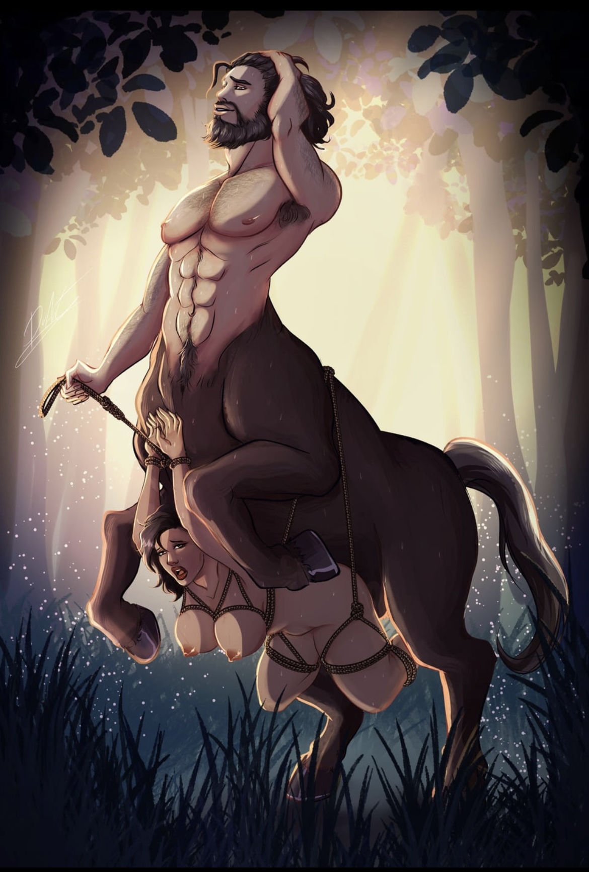 armpit hair, beard, belly riding, bondage, breasts, centaur, duart, equestrian bondage, fanny packing, female, forest, forest background, hanging breasts, huh?, male, male/female, muscular, muscular male, nude, nude female, original, original character, pussy, rape, rope, rope between breasts, rope bondage, rope pull, straight, taur, undercarriage, vaginal penetration