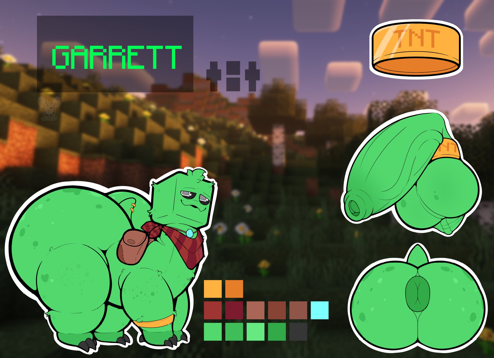 1boy, absurd res, absurd resolution, absurdres, anthro, anthro focus, anthro male, anthro only, ass, balls, balls stretcher, bandana, bfad, bracelet, character name, character sheet, color palette, creeper, creeper (minecraft), creepertaur, digital art, digital drawing (artwork), digital media, digital media (artwork), feral, flaccid, flaccid penis, foreskin, garret (yamwamm), gay, gold bracelet, green body, green skin, hi res, high resolution, highres, male, microsoft, minecraft, minecraft mob, minercraft, mojang, penis, pouch, puffy anus, quadruped, tagme, taur, thick, thick ass, thick butt, thick hips, thick legs, thick penis, thick thighs, uncircumcised, vein, veins, veiny, veiny penis, voluptuous, voluptuous anthro, voluptuous male, yamwamm