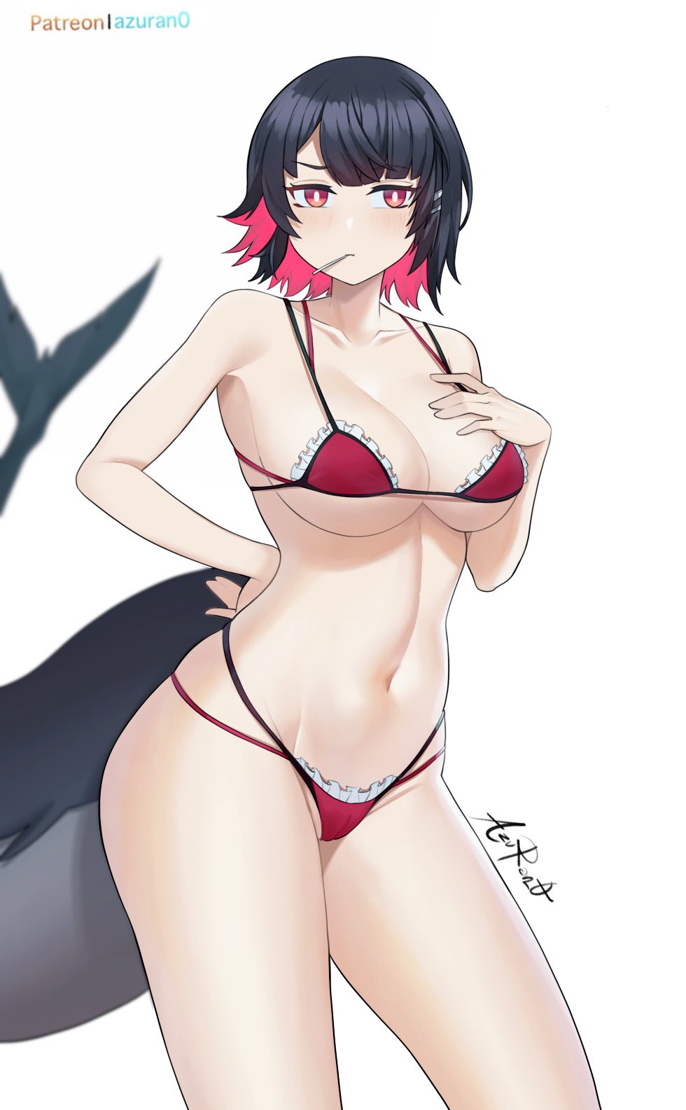 azuran0, breasts, ellen joe, female, female only, pillow shading, red bikini, shoulders, thick thighs, thighs, toothpick, white background, zenless zone zero