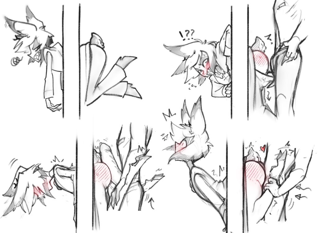 4 panel comic, alastor (hazbin hotel), anal, big penis, blushing, bondage, deer tail, dubious consent, gay, grabbing legs, hazbin hotel, male, penis, stuck, stuck in wall, tagme, vox (hazbin hotel), yaoi
