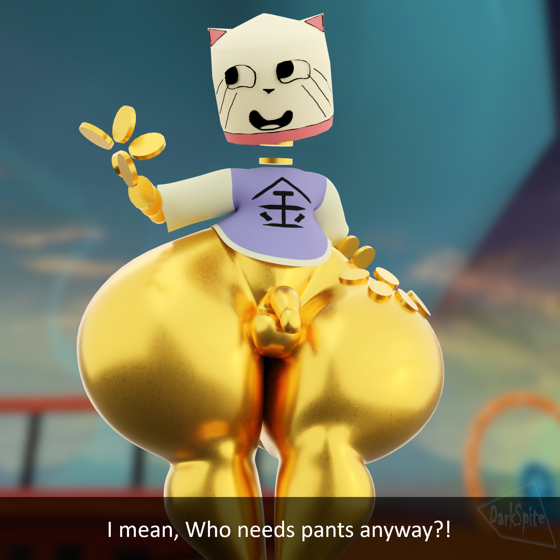 1boy, 2025, 3d, anthro, anthro only, bottom heavy, bottom heavy femboy, bottomless, cat ears, coin hands, darkspite, dream bbq, ena (series), english, english text, feline, femboy, feminine male, floating hands, floating head, floating limbs, furry, furry only, gay, genitals, happy, kane (dream bbq), kane (ena), little penis, looking back, male, male only, penis, shirt, smile, tagme, tiny penis, topwear, topwear only, yellow body, yellow penis