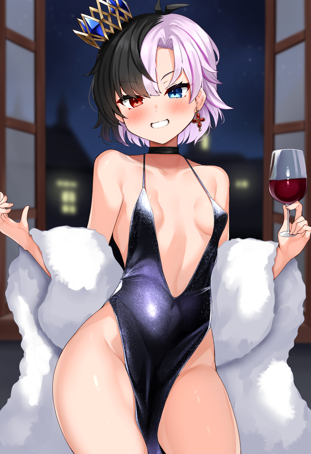 black dress, blush, breasts, choker, crown, daichi (tokoya), double slit dress, earring, female, former idol corp member, fur coat, heterochromia, indie virtual youtuber, looking at viewer, revealing clothes, rin penrose, shiny clothes, small breasts, smiling, thick thighs, tight dress, two-tone hair, virtual youtuber, wide hips, wine glass