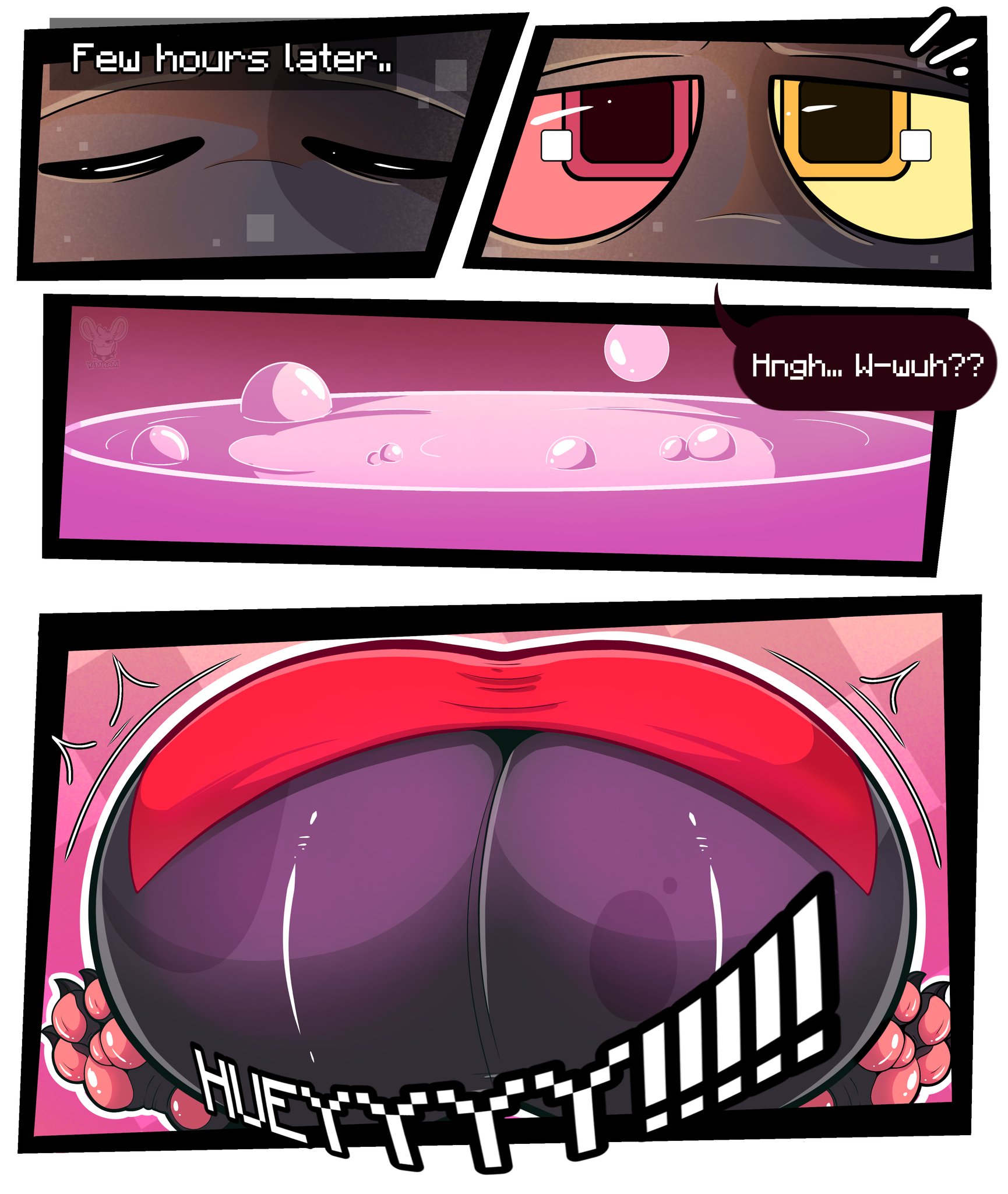 1boy, absurd res, absurd resolution, absurdres, anthro, anthro focus, anthro male, anthro only, balls, balls expansion, balls growth, balls growth (enlargement), balls inflation, ballsack, bed, bed sheet, bedroom, big balls, big testicles, black body, black skin, comic, comic page, digital art, digital drawing (artwork), digital media, digital media (artwork), enderman, expansion, genital expansion, genital growth, genital growth (enlargement), genitals, growth, hi res, high resolution, highres, hyper growth, louie (yamwamm), male, microsoft, minecraft, minecraft mob, minercraft, mojang, multicolored eyes, onomatopoeia, pawpads, paws, pink sclera, potion, potions, sleep molestation, sleeping, speech, speech bubble, tagme, testicles, text, text bubble, timeskip, waking up, yamwamm, yellow sclera