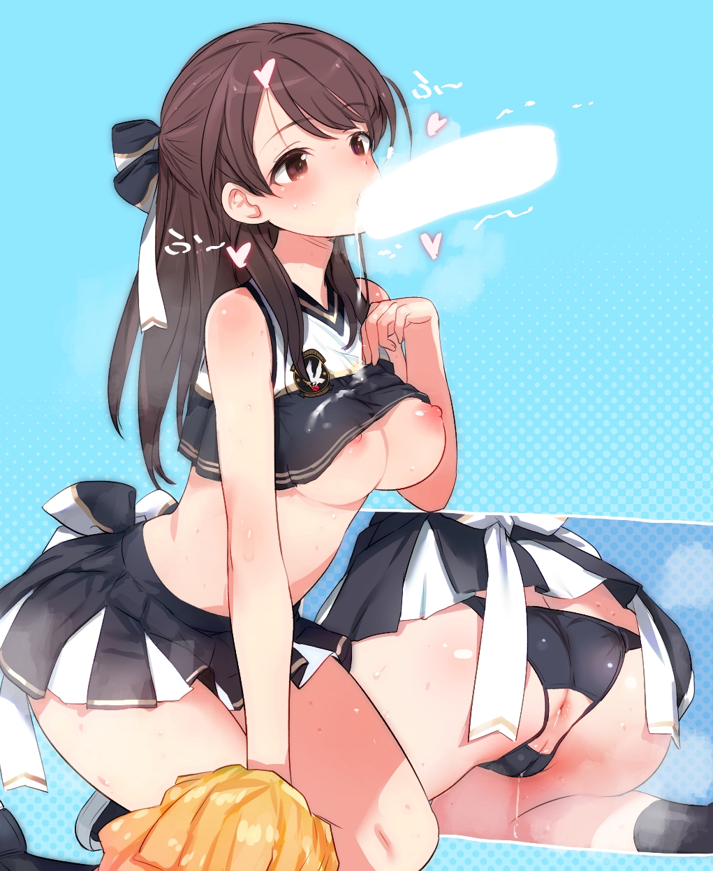 1boy, 1girls, alternate costume, anal, anal access, anal only, anal only panties, anus, backless panties, blue background, blush, brave witches, breasts, brown hair, censored, cheerleader, fellatio, female, karibuchi takami, kneeling, large breasts, long hair, male, male penetrating female, nipples, official art, oral, oral sex, penis, pom poms, pussy, pussy juice, sex, shimada fumikane, simple background, torn clothes, world witches series