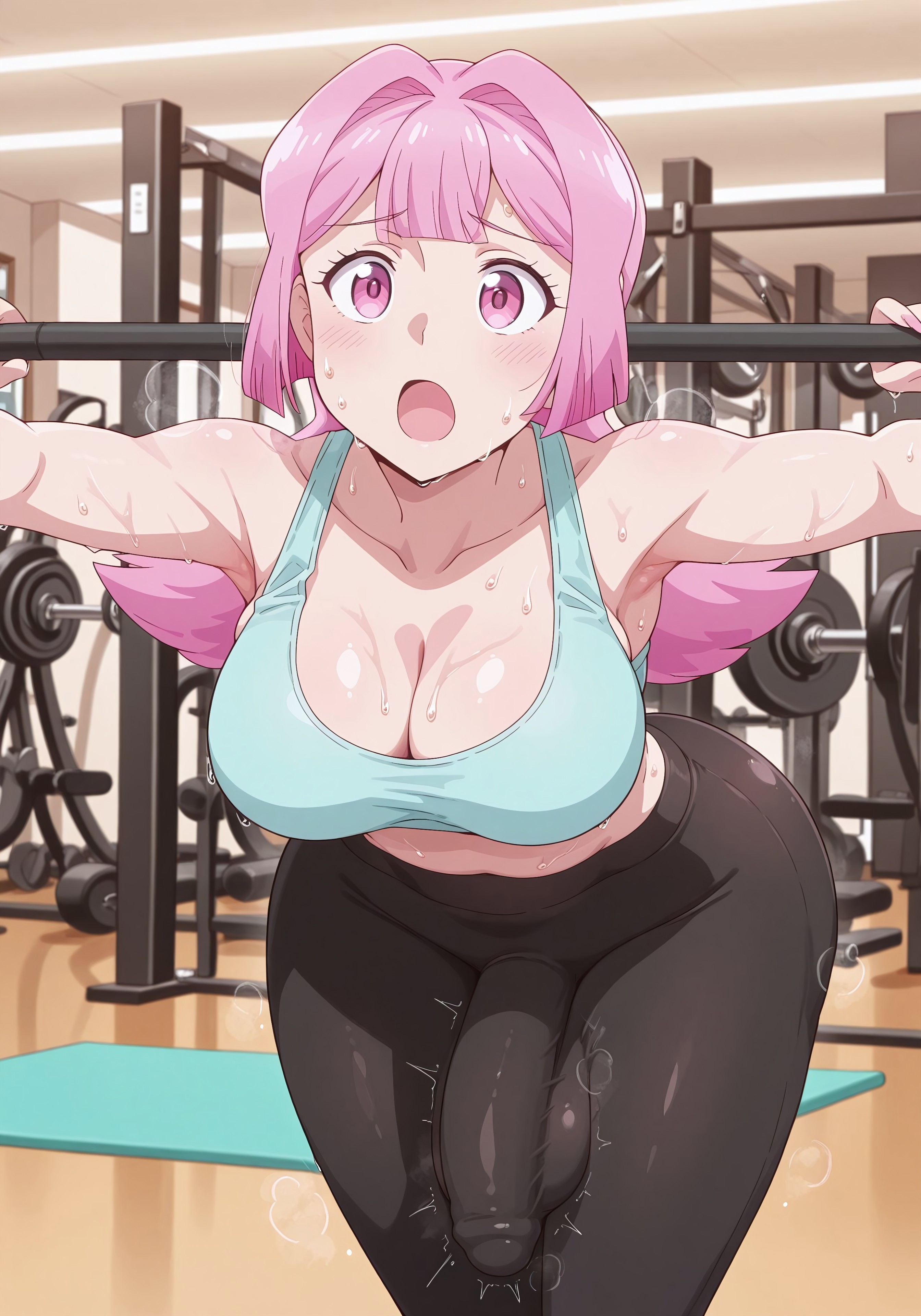 ai generated, akuyaku reijou tensei ojisan, anna doll, breasts, bulge, bulge down leg, bulge through clothing, civitai, cleavage, futanari, gym, gym uniform, hi res, intersex, large breasts, myth1c2, penis, penis outline, pink eyes, pink hair, sports bra, sportswear, sweat, sweaty body, working out, yoga pants