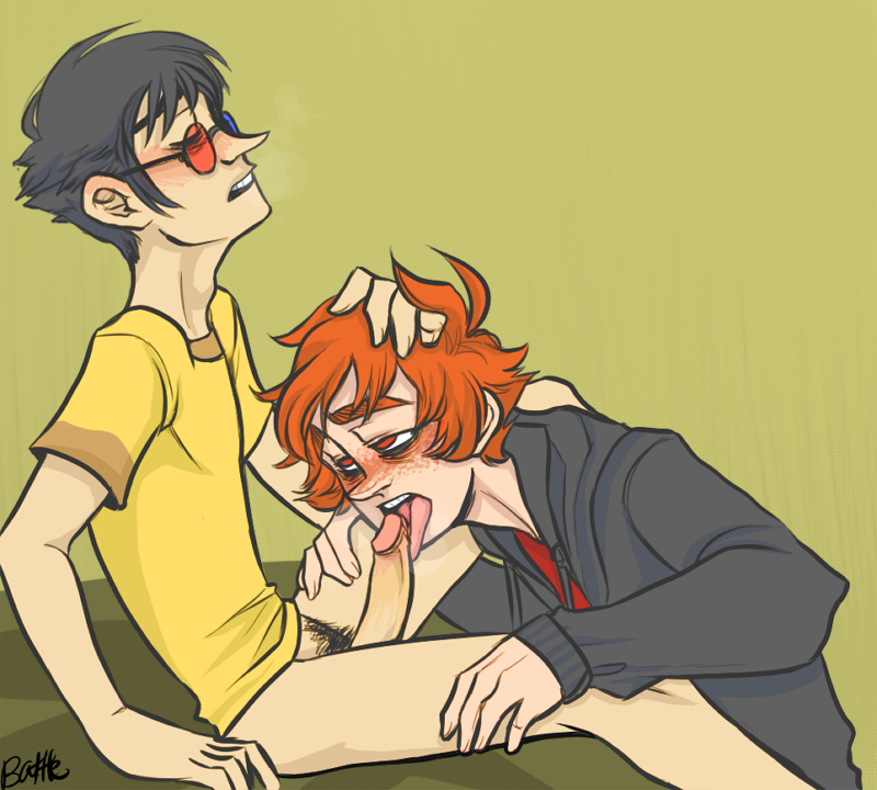 2boys battle black_hair closed_eyes clothing fellatio freckles gay glasses hand_on_head homestuck humanstuck karkat_vantas licking_penis ms_paint_adventures open_mouth oral orange_hair penis pubic_hair red_eyes short_hair sollux_captor tongue_out white_skin yellow_background