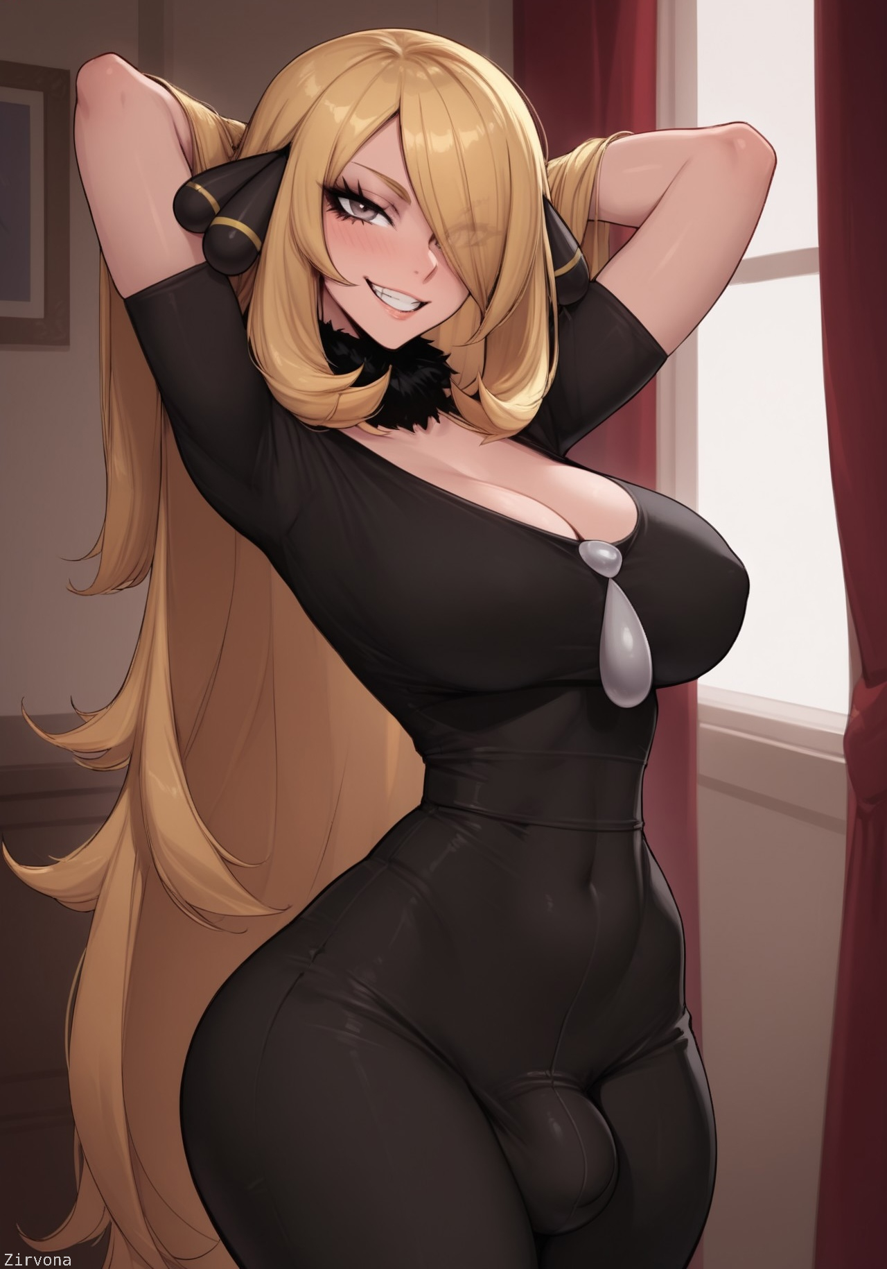 1futa, ai generated, ass, balls, big ass, big breasts, big butt, big hips, big penis, breasts, cleavage, cynthia (pokemon), dick, dickgirl, eyebrows, eyelashes, female, futa only, futanari, grin, grinning, grinning at viewer, hair, hands-free, huge cock, indoors, intersex, lips, long hair, looking at viewer, makeup, mature, mature female, mature futa, narrow waist, narrowed eyes, nose, penis, pokemon, seducing, seductive, smile, smile at viewer, smiley face, smooth balls, smooth penis, smooth skin, solo, solo dickgirl, solo focus, solo futa, testicles, zirvona