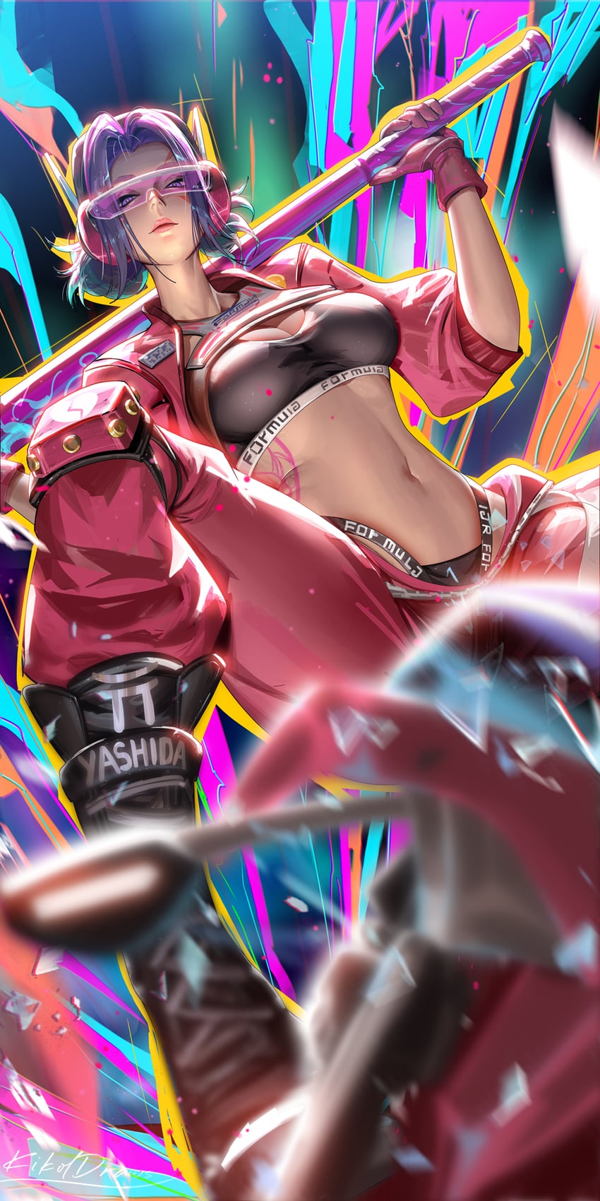 1girls, ai generated, asian female, baseball bat, black sports bra, breasts, dutch angle, female, highleg, highleg panties, jacket, japanese female, liang xing, light skin, light-skinned female, lips, long hair, looking at viewer, marvel, marvel comics, marvel rivals, mutant (marvel), navel, official alternate costume, open clothes, open jacket, panties, pink clothing, pink-tinted eyewear, psylocke, psylocke (sai) (fleeting butterfly), purple hair, sports bra, spread legs, sunglasses, tinted eyewear