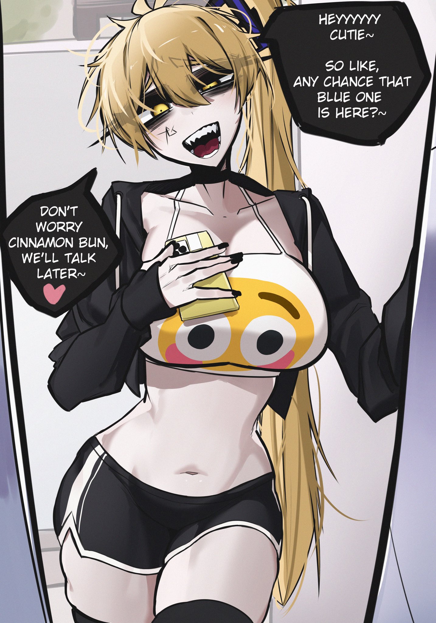 akita neru, big breasts, black legwear, black thighhighs, breasts, cellphone, dialogue, dolphin shorts, emoji, english text, eyeshadow, female, flushed emoji shirt, glitchace, hoodie, jacket, long hair, open jacket, phone, pov, sharp teeth, stockings, talking to viewer, tank top, text, thigh highs, thighhighs, thighs, thin waist, vocaloid, yellow eyes, yellow hair