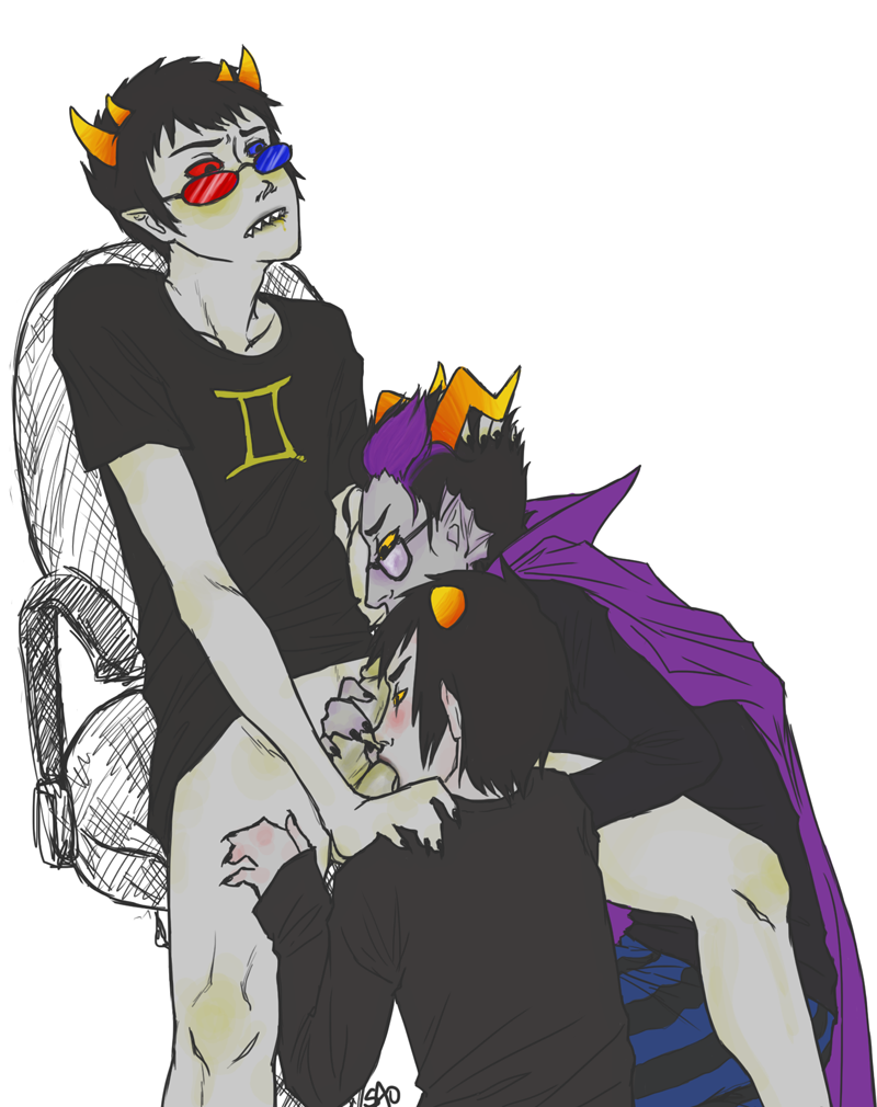 3boys balls biting_lip black_hair blush cape chair clothing diphallia diphallism eridan_ampora fellatio fins glasses grey_skin homestuck horns karkat_vantas male male_only ms_paint_adventures multi_penis oral penis pointy_ears purple_highlights sao_(artist) sharp_teeth short_hair sollux_captor threesome troll white_background