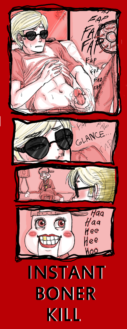 -1boy blonde_hair blush comic dave_strider fan hat homestuck lamp laughing lil'_cal masturbation ms_paint_adventures muscular necklace penis puppet red_eyes shirt_lift short_hair solo sunglasses sweat text white_skin