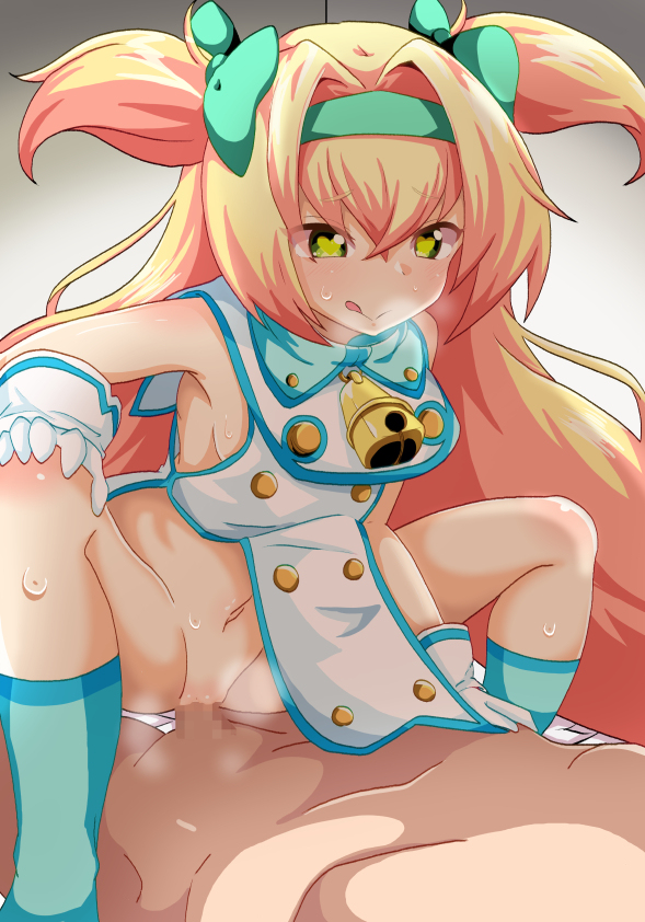 1boy, 1girls, bell, blazblue, blonde hair, breasts, cowgirl position, female, gloves, green eyes, heart-shaped pupils, long hair, magical girl, male, naughty face, platinum the trinity, pussy, riding, sex, small breasts, sweating, symbol-shaped pupils, thigh highs, tongue, tongue out, twintails, vaginal penetration, young