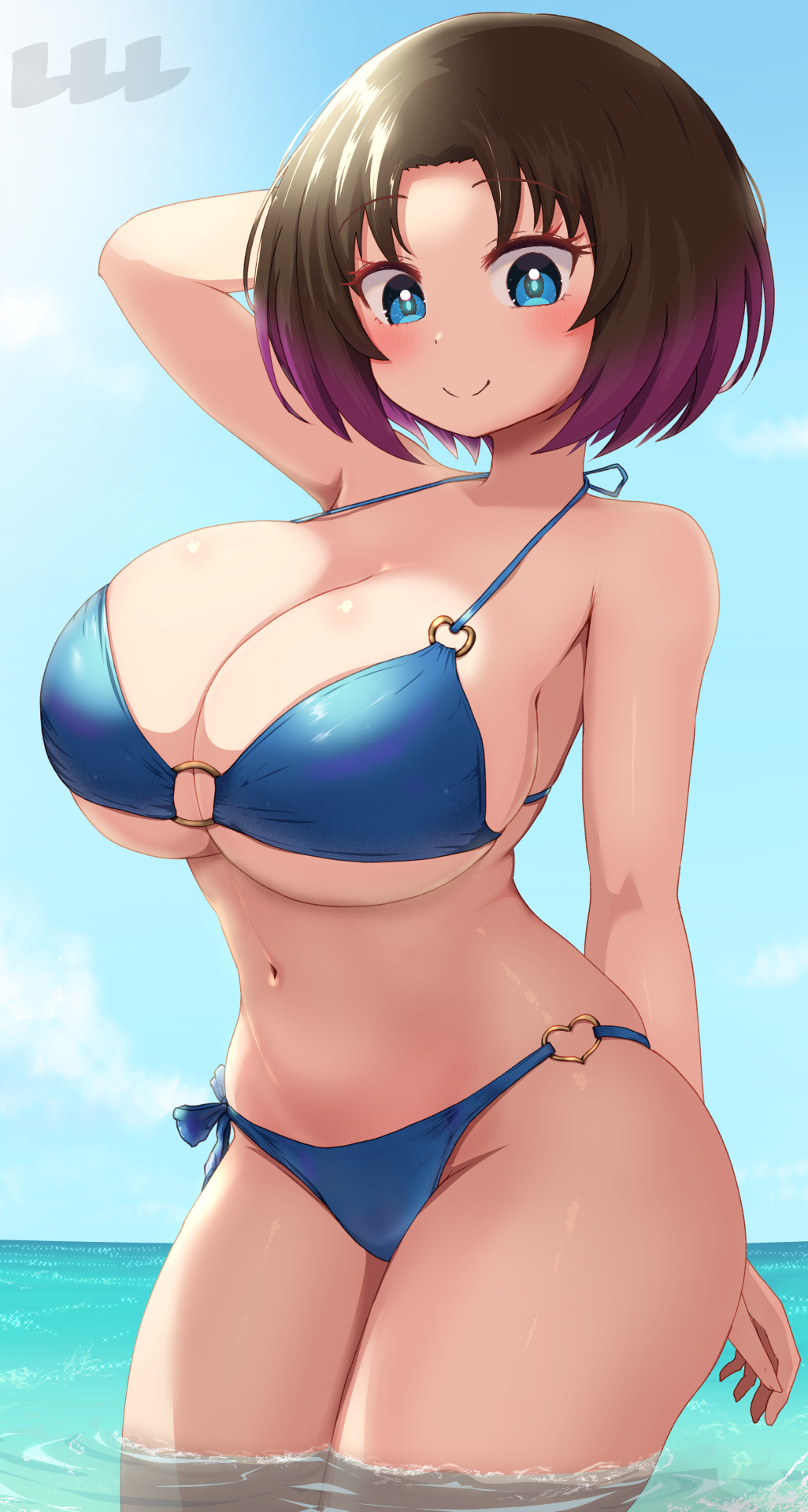 1girls, arm behind head, armpits, bikini, blue bikini, blue eyes, blush, breasts, brown hair, cleavage, closed mouth, colored tips, commentary request, elma (dragon maid), eyebrows hidden by hair, female, female only, groin, highres, kobayashi-san chi no maidragon, large breasts, looking at viewer, miss kobayashi's dragon maid, multicolored hair, navel, ocean, ozrereresan, smile, solo, solo female, stomach, swimsuit