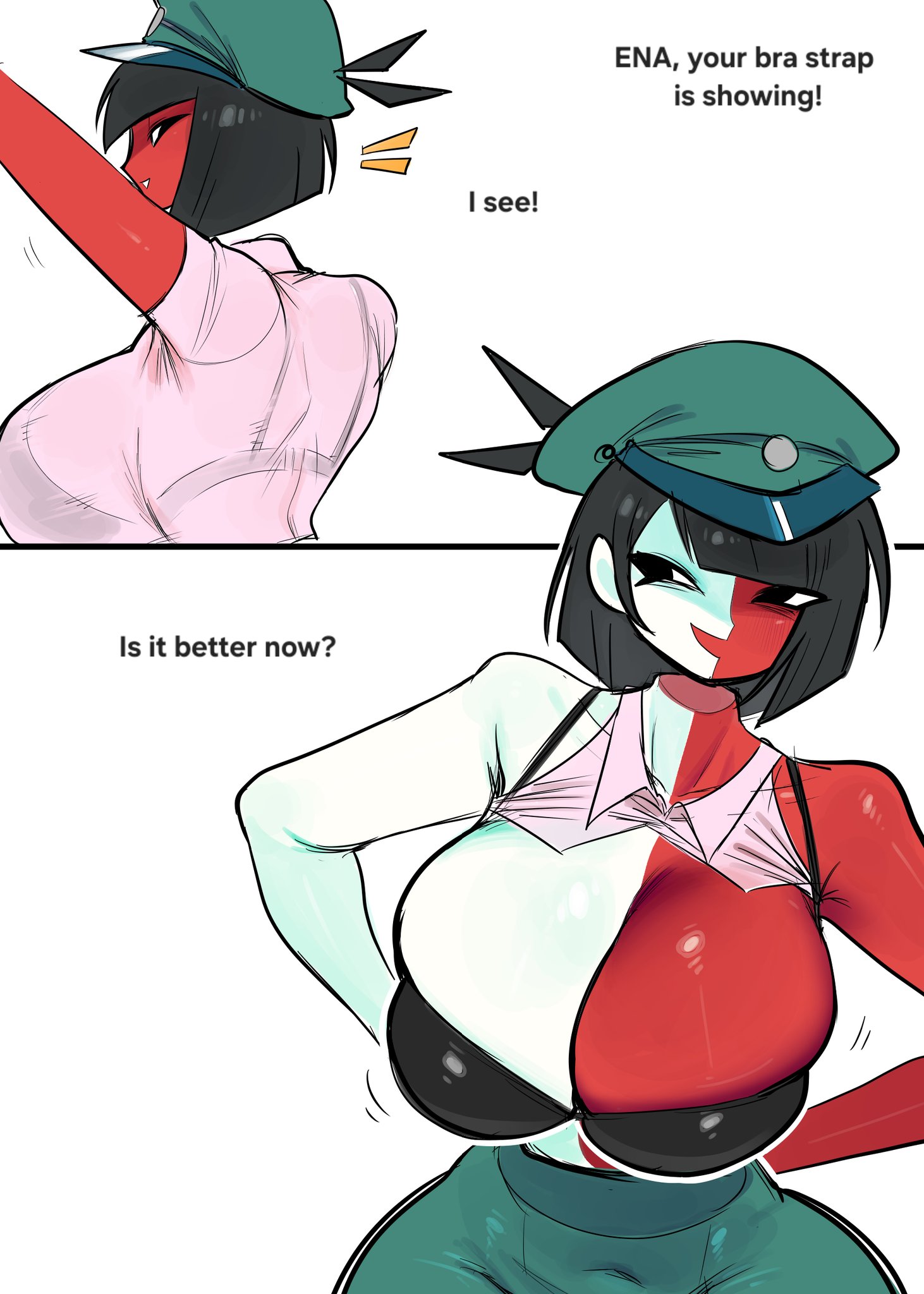 1girls, big breasts, bra, bra strap, bra strap is showing (meme), breasts, dialogue, ena, ena (dream bbq), ena (series), female, heretic idan, huge breasts, looking at viewer, peruvian female, text, wide hips