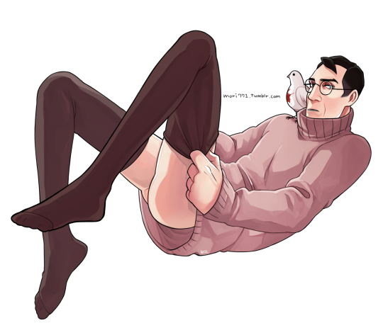 1boy ass_out bird cute cute_bird dove doves getting_dressed glasses male manly_crossdresser medic_(team_fortress_2) mori771 no_underwear pigeon solo solo_male sweater team_fortress_2 thighhighs