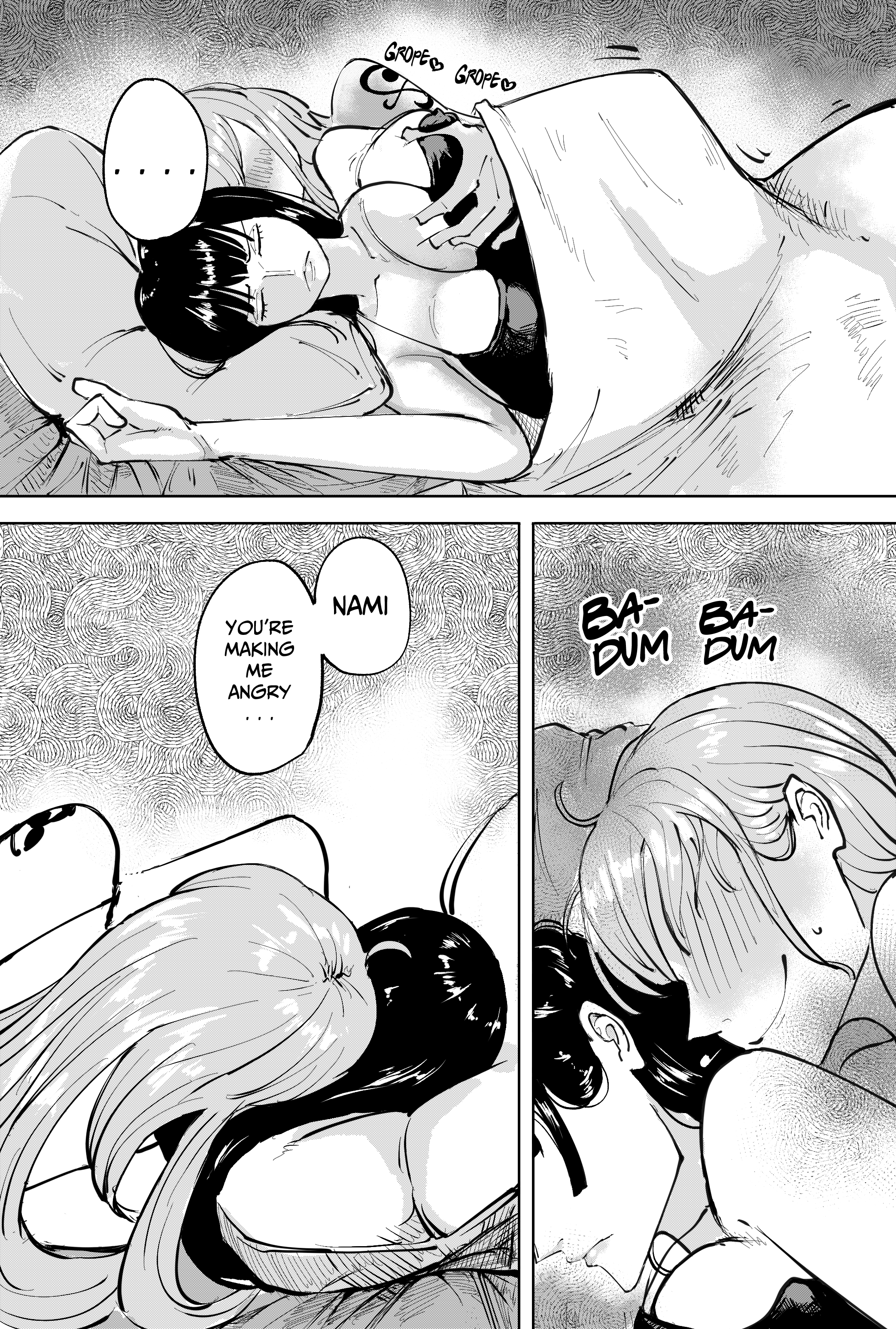 2girls, breasts, female, female focus, female only, grabbing another's breast, grabbing breasts, greyscale, large breasts, middlefing1111, monochrome, nami (one piece), nico robin, one piece, sleeping together, yuri