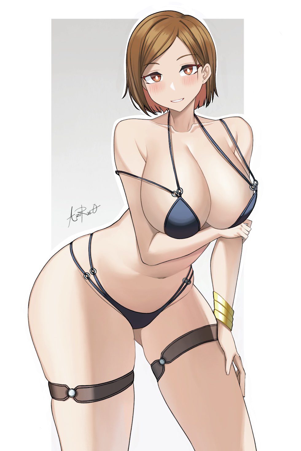 1girls, azuran0, big breasts, bikini, breasts, brown hair, brown-haired female, female, female only, jujutsu kaisen, kugisaki nobara, shoulders, smile, thick thighs, white background
