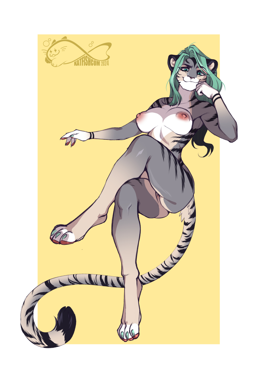 2025 4_toes 5_fingers anthro areola black_stripes border breasts claws countershade_torso countershading digital_media_(artwork) feet felid female fingers front_view fur genitals green_eyes green_hair grey_body grey_fur grey_tail hair handpaw hi_res inner_ear_fluff katfishcom looking_at_viewer mammal markings nipples nude nude_anthro nude_female pantherine paws pussy simple_background sitting smile solo striped_body striped_fur striped_markings striped_tail stripes tail tail_markings tiger toe_claws toes tuft white_border yellow_background