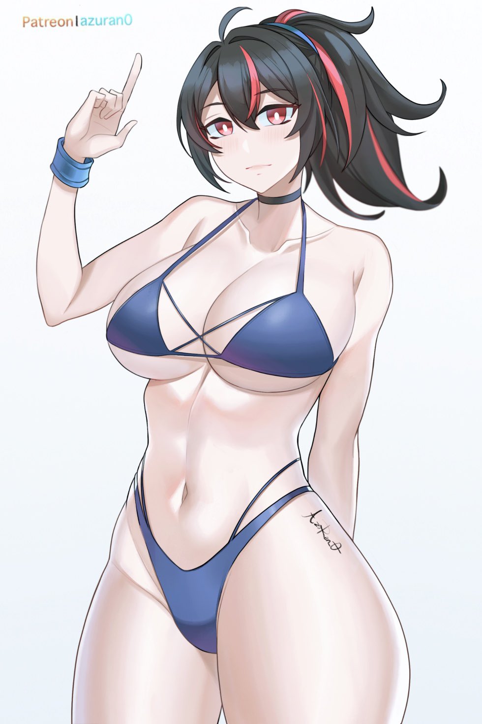 1girls, 2025, 2d, 2d (artwork), aori sora, artist name, azuran0, black hair, blue bikini, breasts, female, female only, human, human only, looking at viewer, new eridu public security, one arm up, pointing up, questionable, red hair, shoulders, simple background, solo, solo female, thighs, white background, zenless zone zero, zhu yuan