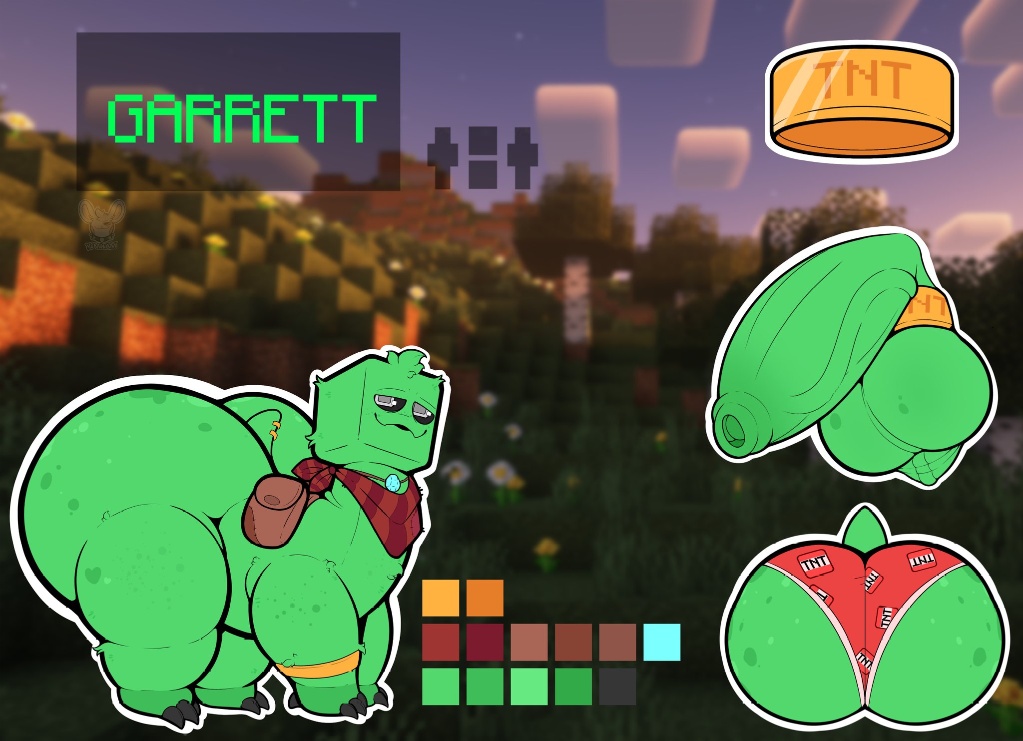1boy, absurd res, absurd resolution, absurdres, anthro, anthro focus, anthro male, anthro only, ass, balls, balls stretcher, bandana, bracelet, character name, character sheet, color palette, creeper, creeper (minecraft), creepertaur, digital art, digital drawing (artwork), digital media, digital media (artwork), feral, flaccid, flaccid penis, foreskin, garret (yamwamm), gay, gold bracelet, green body, green skin, hi res, high resolution, highres, male, microsoft, minecraft, minecraft mob, mojang, penis, pouch, quadruped, tagme, taur, thick, thick ass, thick butt, thick hips, thick legs, thick penis, thick thighs, uncircumcised, underwear, vein, veins, veiny, veiny penis, voluptuous, voluptuous anthro, voluptuous male, yamwamm