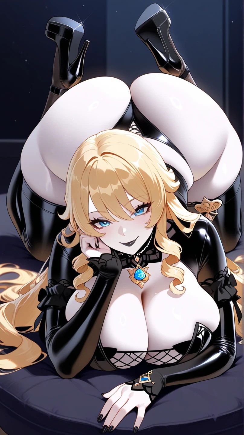 1girls, ai generated, ass, astrawaifu, big ass, big breasts, blonde hair, blue eyes, breasts, cleavage, curvaceous, curvy, female, genshin impact, goth, goth girl, huge ass, large breasts, latex, latex clothing, light skin, light-skinned female, looking at viewer, navia (genshin impact), pale skin, pale-skinned female, thick, thick thighs