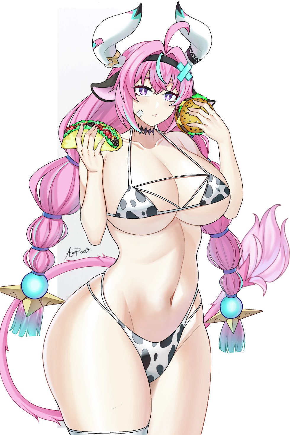 2d, aori sora, azuran0, big breasts, breasts, cow bikini, cow ears, female, female only, food, genshin impact, natlan girls, pink hair, thick thighs, varesa (genshin impact), white background