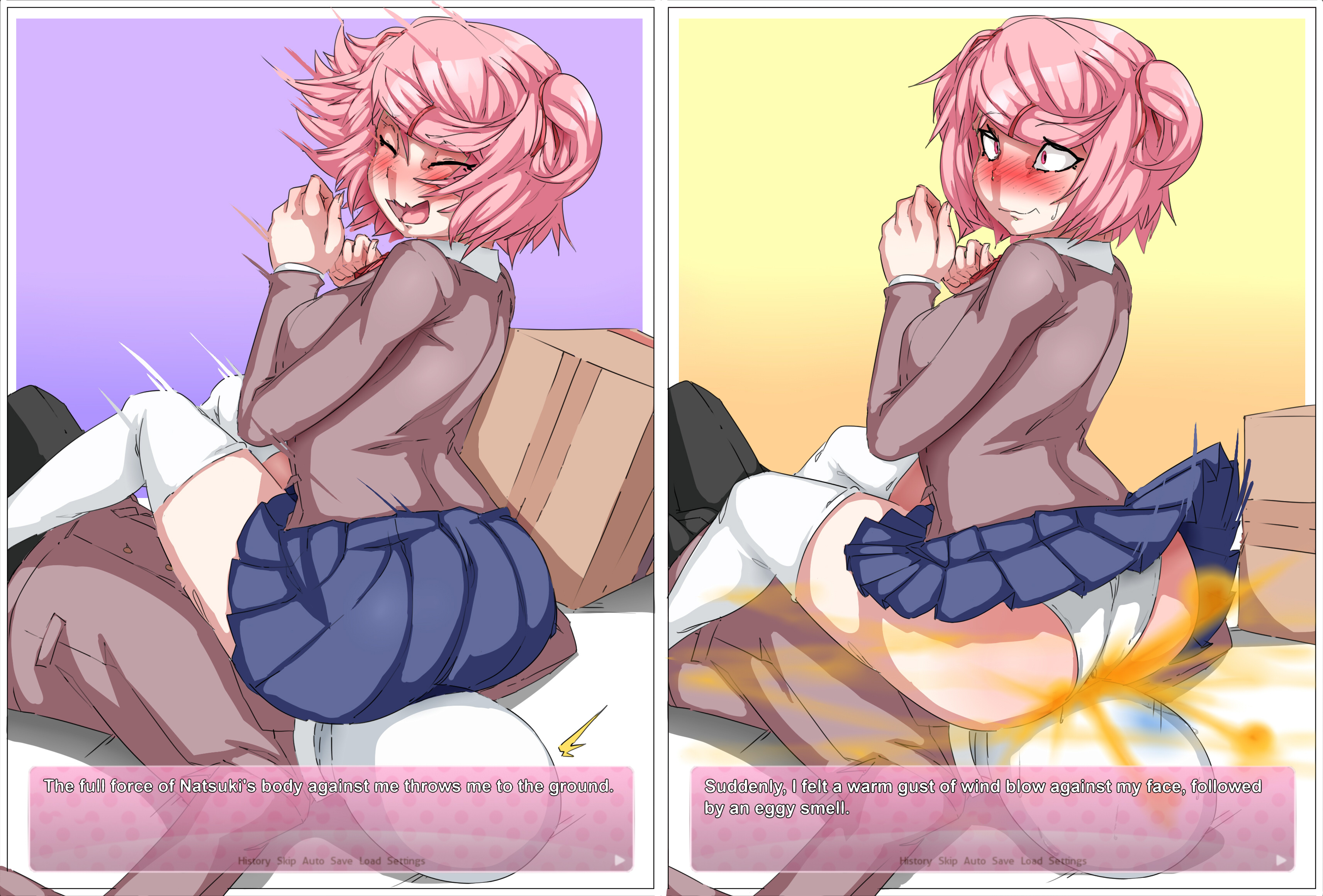 1boy, 1girls, accidental fart, ass, ass on face, blue skirt, blush, doki doki literature club, embarrassed, english text, faceless male, facesitting, fart, fart cloud, fart fetish, farting, farting in face, female, lazei, legwear, male, natsuki (doki doki literature club), panties, pink eyes, pink hair, rear view, school uniform, schoolgirl, schoolgirl uniform, shoulder length hair, skirt, text, text box, thighhighs, viewed from behind, white legwear, white panties, white thighhighs