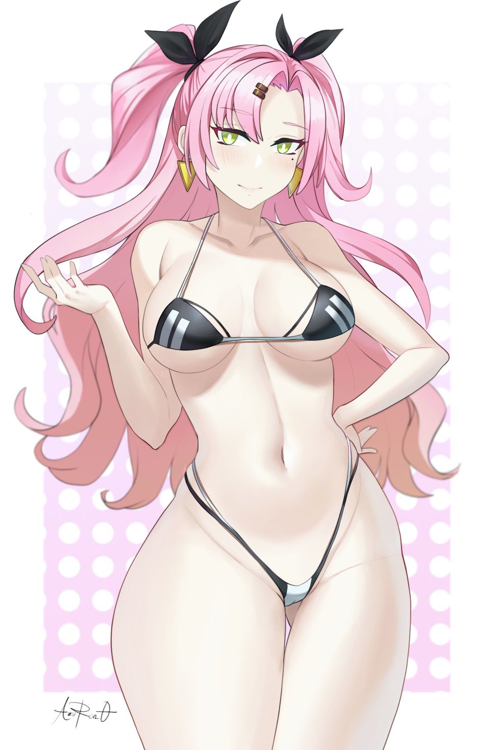 aori sora, azuran0, black bikini top, breasts, cunning hares, earrings, female, female only, nicole demara, pink hair, polka dot background, shoulders, thighs, white background, zenless zone zero